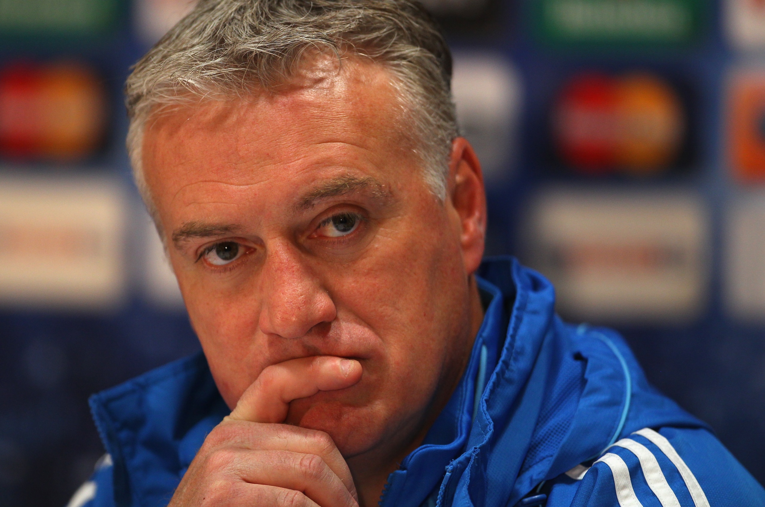 MANCHESTER, ENGLAND - MARCH 14:  Didier Deschamps the coach of Marseille faces the media during a press conference held at at Old Trafford on March 14, 2011 in Manchester, England.  (Photo by Alex Livesey/Getty Images)