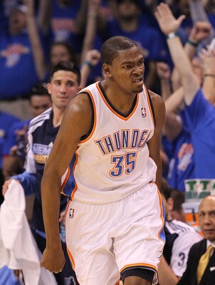 OKLAHOMA CITY, OK - MAY 15:  Forward Kevin Durant #35 of the Oklahoma City Thunder reacts after making a three-point shot against the Memphis Grizzlies in Game Seven of the Western Conference Semifinals in the 2011 NBA Playoffs on May 15, 2011 at Oklahoma