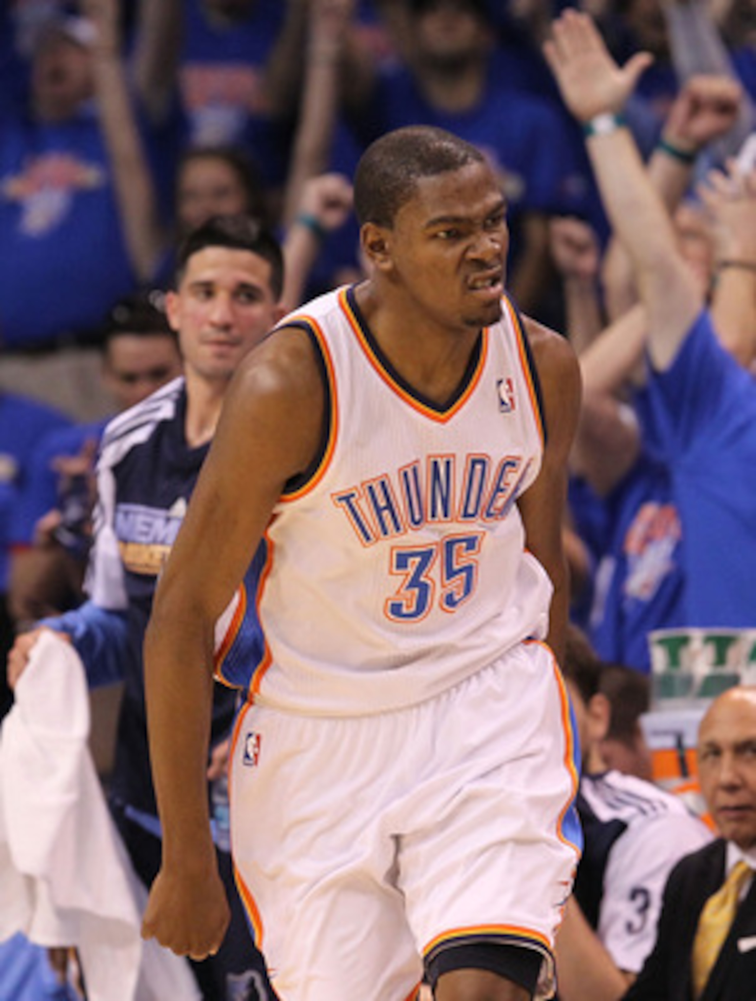 OKLAHOMA CITY, OK - MAY 15:  Forward Kevin Durant #35 of the Oklahoma City Thunder reacts after making a three-point shot against the Memphis Grizzlies in Game Seven of the Western Conference Semifinals in the 2011 NBA Playoffs on May 15, 2011 at Oklahoma