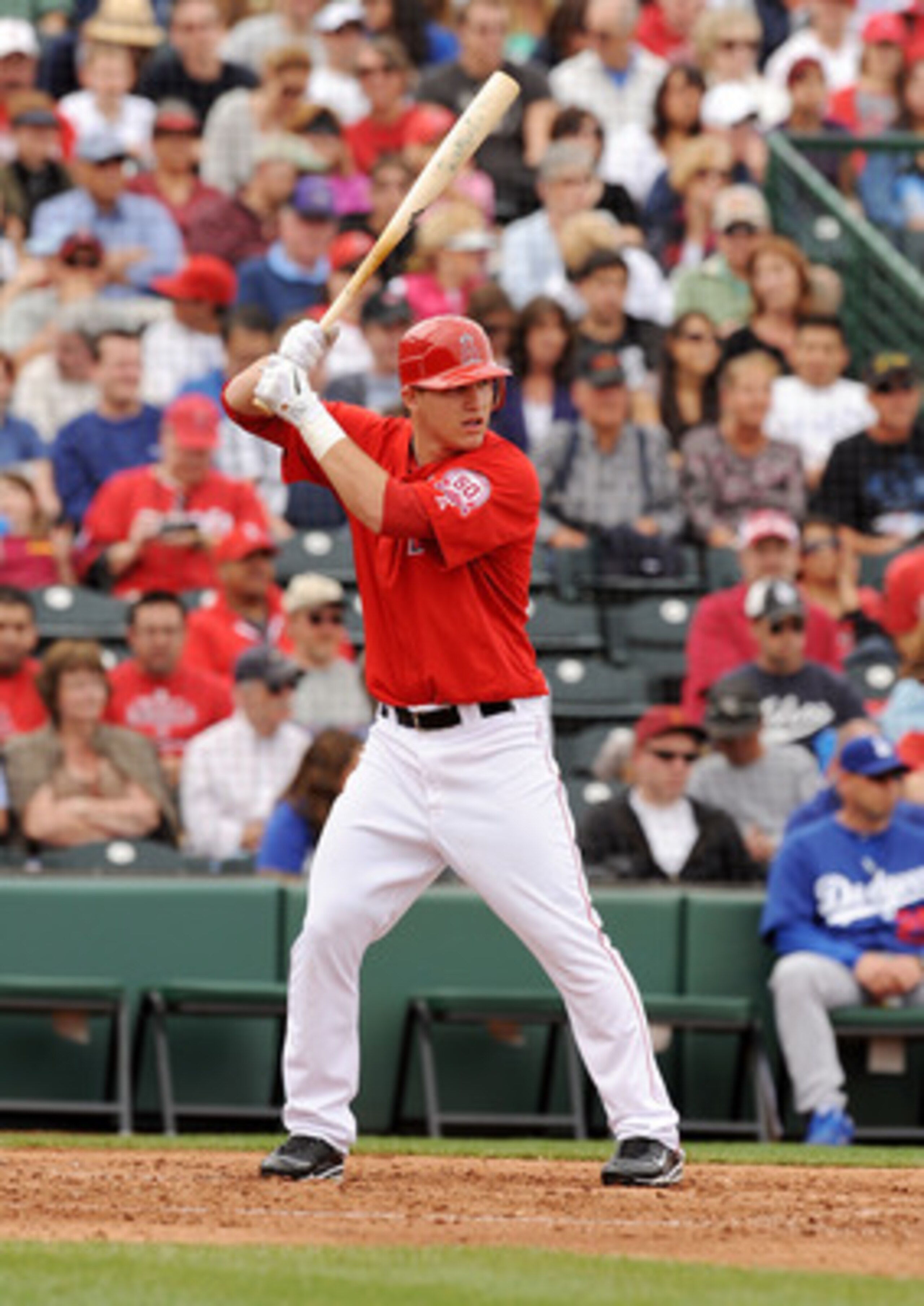 TEMPE, AZ - FEBRUARY 26:  Mike Trout #90 of the Los Angeles Angels of Anaheim waits for a pitch while at bat against the Los Angeles Dodgers at Tempe Diablo Stadium on February 26, 2011 in Tempe, Arizona.  (Photo by Norm Hall/Getty Images)