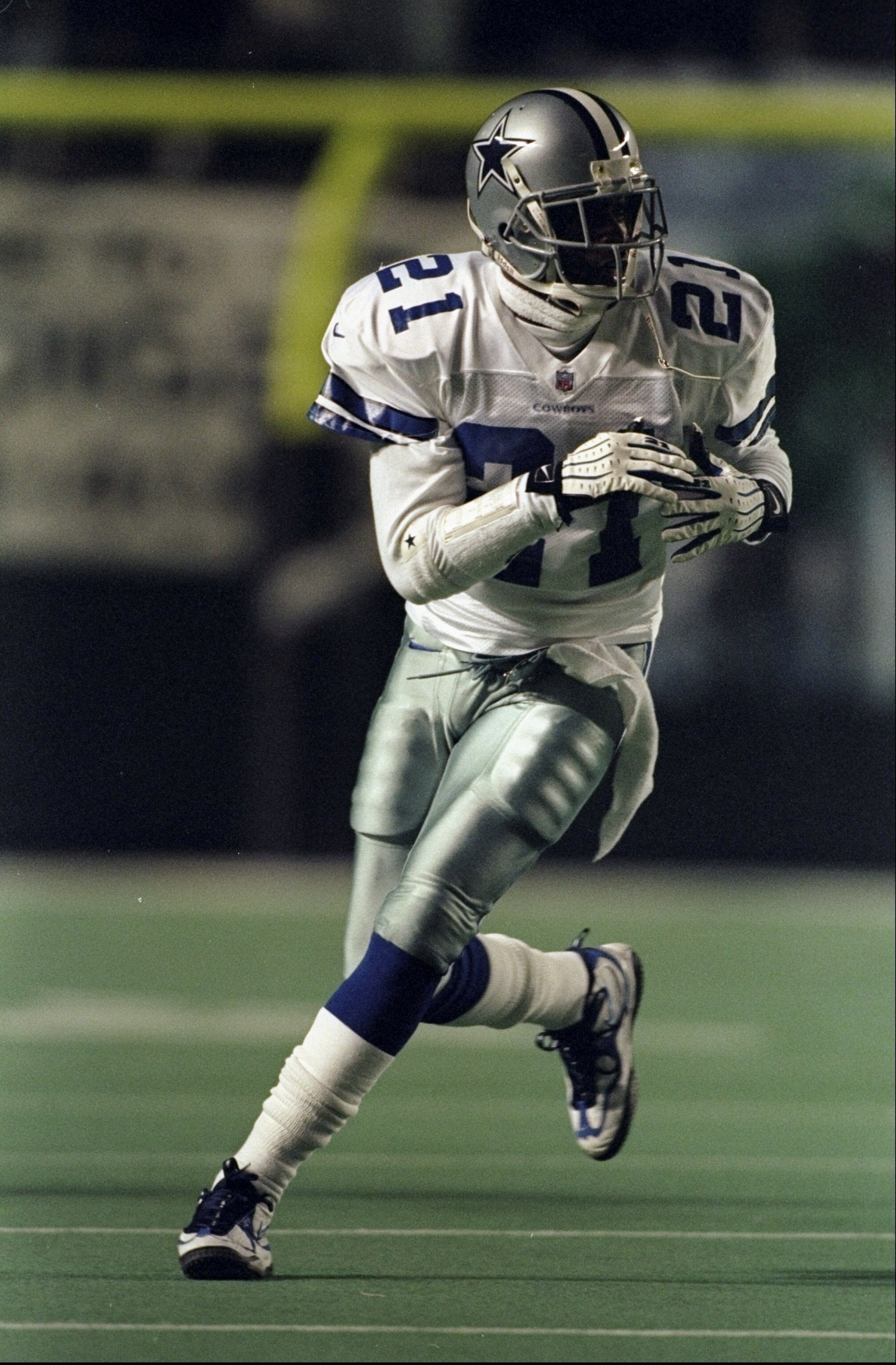 2 Nov 1998:  Cornerback Deion Sanders #21 of the Dallas Cowboys in action during the game against the Philadelphia Eagles at the Veterans Stadium in Philadelphia, Pennsylvania. The Cowboys defeated the Eagles 34-0.