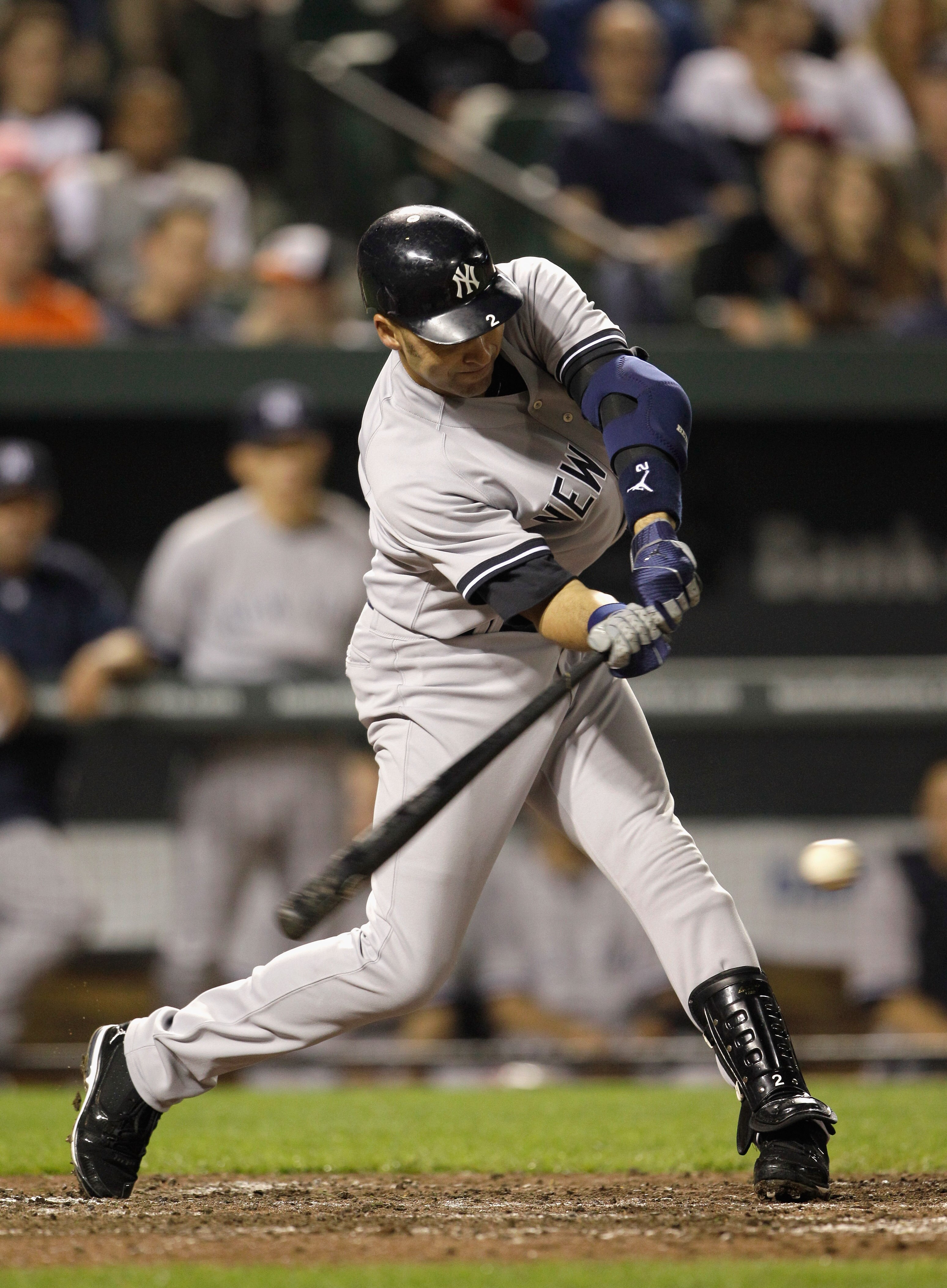 BALTIMORE, MD - APRIL 23:  Derek Jeter #2 of the New York Yankees at the plate against the Baltimore Orioles at Oriole Park at Camden Yards on April 23, 2011 in Baltimore, Maryland.  (Photo by Rob Carr/Getty Images)
