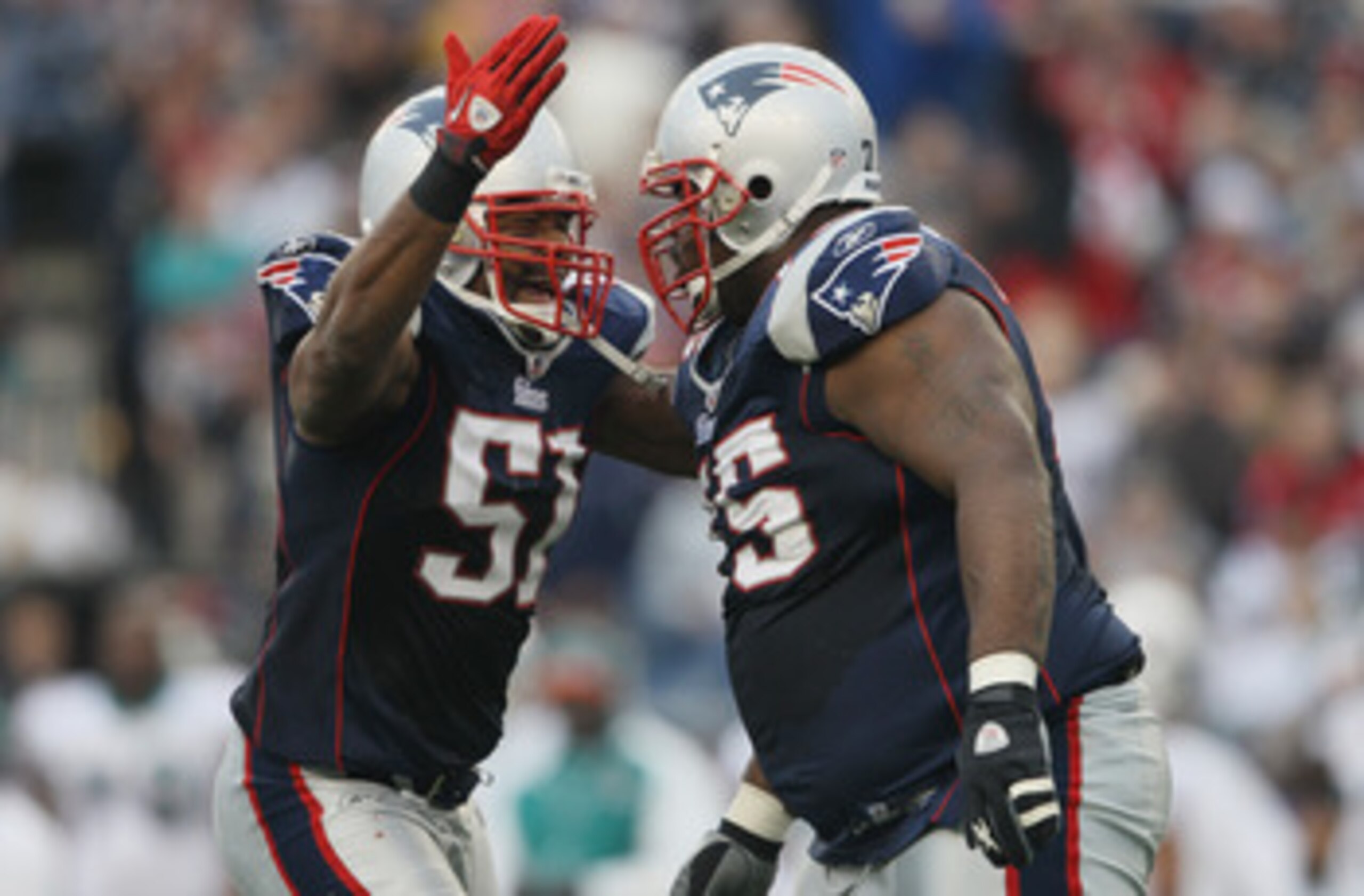 FOXBORO, MA - JANUARY 02:  Jerod Mayo #51 of the New England Patriots congratulates Vince Wilfork #75 in the second half against the Miami Dolphins on January 2, 2011 at Gillette Stadium in Foxboro, Massachusetts.  (Photo by Elsa/Getty Images)