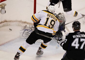 TAMPA, FL - MAY 21:  Tyler Seguin #19 of the Boston Bruins watches a bruins goal get past Dwayne Roloson #35 of the Tampa Bay Lightning in the first period of Game Four of the Eastern Conference Finals during the 2011 NHL Stanley Cup Playoffs at St Pete T