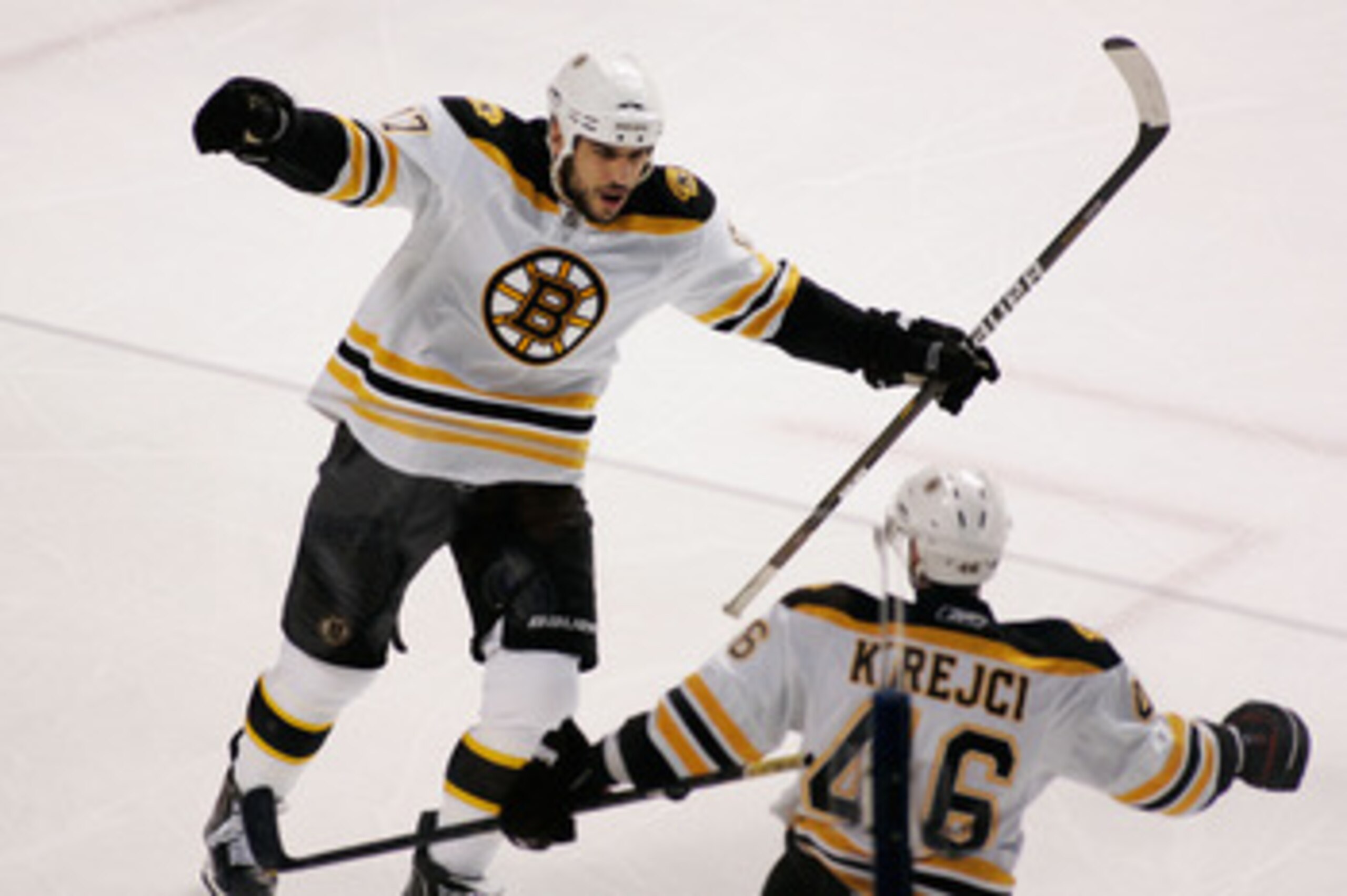 TAMPA, FL - MAY 25:  Milan Lucic #17 celebrates his first period goal with David Krejci #46 of the Boston Bruins in Game Six of the Eastern Conference Finals against the Tampa Bay Lightning during the 2011 NHL Stanley Cup Playoffs at St Pete Times Forum o