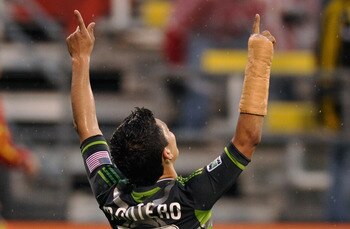 COLUMBUS, OH - MAY 7:  Fredy Montero #17 of the Seattle Sounders celebrates his goal against the Columbus Crew in the first half on May 7, 2011 at Crew Stadium in Columbus, Ohio.  (Photo by Jamie Sabau/Getty Images)