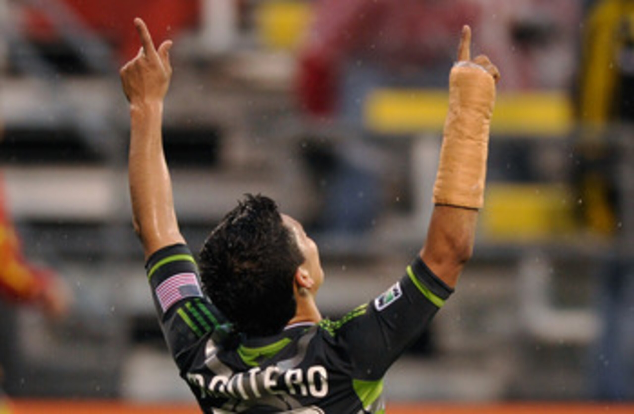 COLUMBUS, OH - MAY 7:  Fredy Montero #17 of the Seattle Sounders celebrates his goal against the Columbus Crew in the first half on May 7, 2011 at Crew Stadium in Columbus, Ohio.  (Photo by Jamie Sabau/Getty Images)