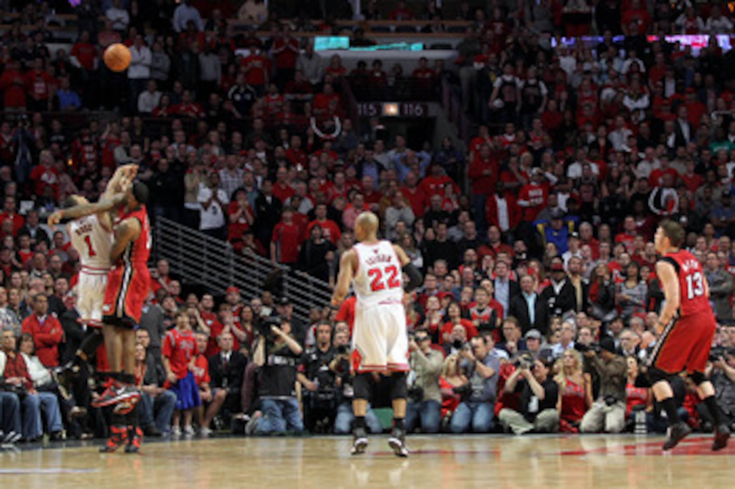 CHICAGO, IL - MAY 26:  Derrick Rose #1 of the Chicago Bulls misses the final shot attempt of the game at the buzzer against LeBron James #6 of the Miami Heat in Game Five of the Eastern Conference Finals during the 2011 NBA Playoffs on May 26, 2011 at the