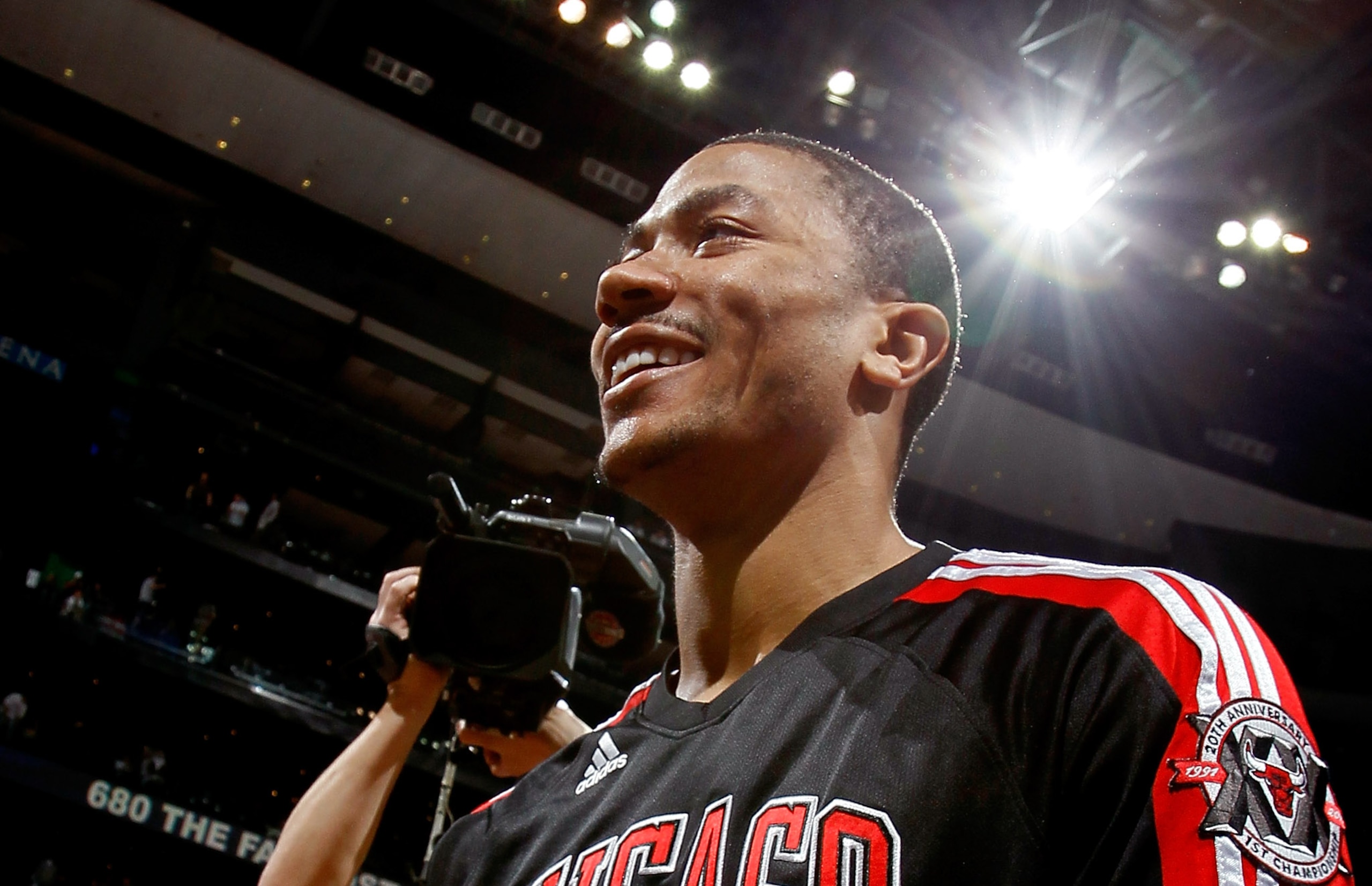 ATLANTA, GA - MAY 12:  Derrick Rose #1 of the Chicago Bulls reacts after their 93-73 win over the Atlanta Hawks in Game Six of the Eastern Conference Semifinals in the 2011 NBA Playoffs at Phillips Arena on May 12, 2011 in Atlanta, Georgia.  NOTE TO USER: