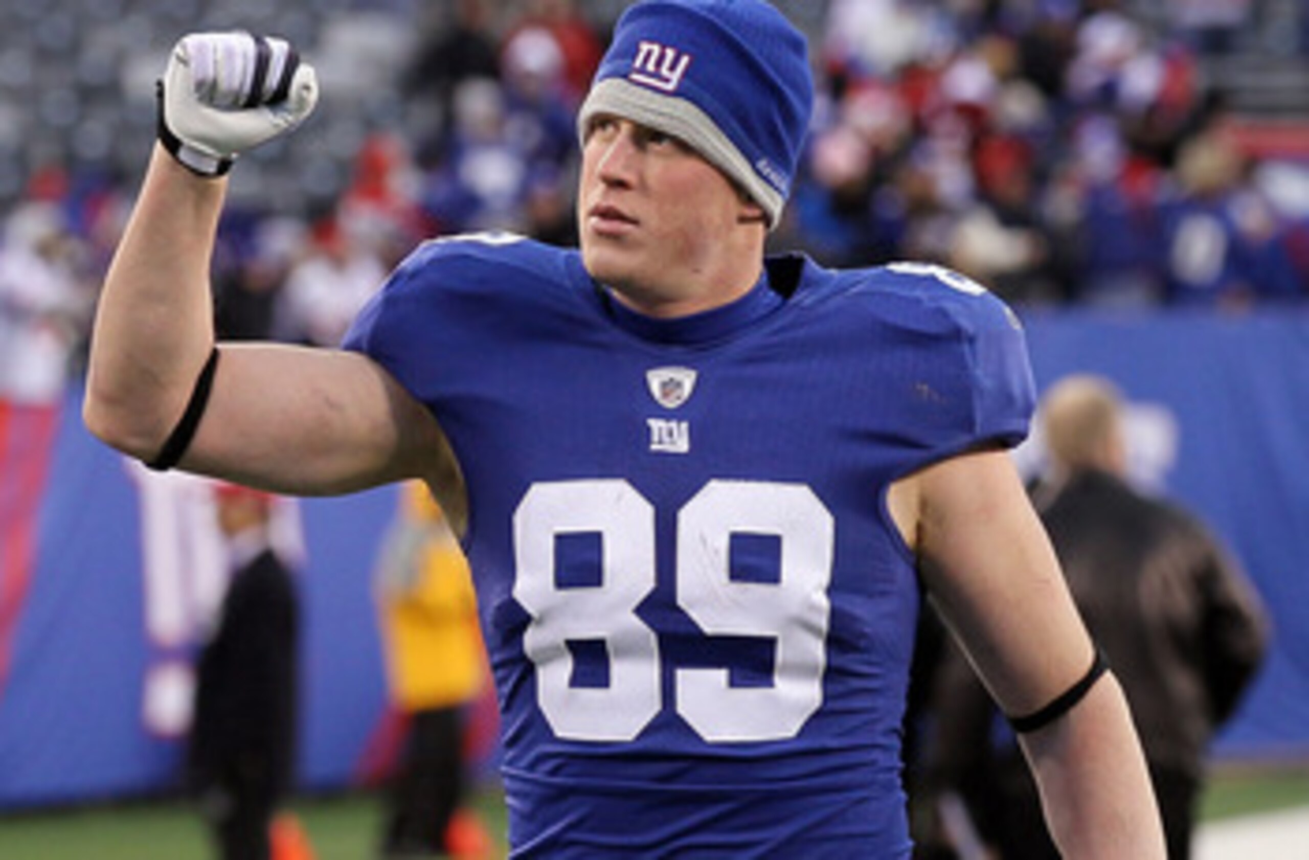 EAST RUTHERFORD, NJ - DECEMBER 05: Kevin Boss #89 of the New York Giants celebrates after defeating the Washington Redskins on December 5, 2010 at the New Meadowlands Stadium in East Rutherford, New Jersey. The Giants defeated the Redskins 31-7. (Photo EAST RUTHERFORD, NJ - DECEMBER 05: Kevin Boss #89 of the New York Giants celebrates after defeating the Washington Redskins on December 5, 2010 at the New Meadowlands Stadium in East Rutherford, New Jersey. The Giants defeated the Redskins 31-7. (Photo