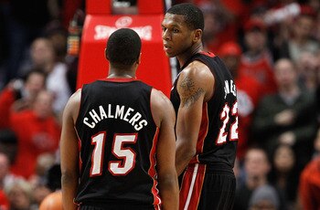 CHICAGO, IL - MAY 15: Mario Chalmers #15 and James Jones #22 of the Miami Heat talk on court against the Chicago Bulls in Game One of the Eastern Conference Finals during the 2011 NBA Playoffs on May 15, 2011 at the United Center in Chicago, Illinois. The