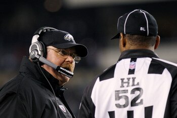 PHILADELPHIA, PA - NOVEMBER 21:  Head coach Andy Reid of the Philadelphia Eagles talks to an offical during their game against the New York Giants at Lincoln Financial Field on November 21, 2010 in Philadelphia, Pennsylvania.  (Photo by Nick Laham/Getty I