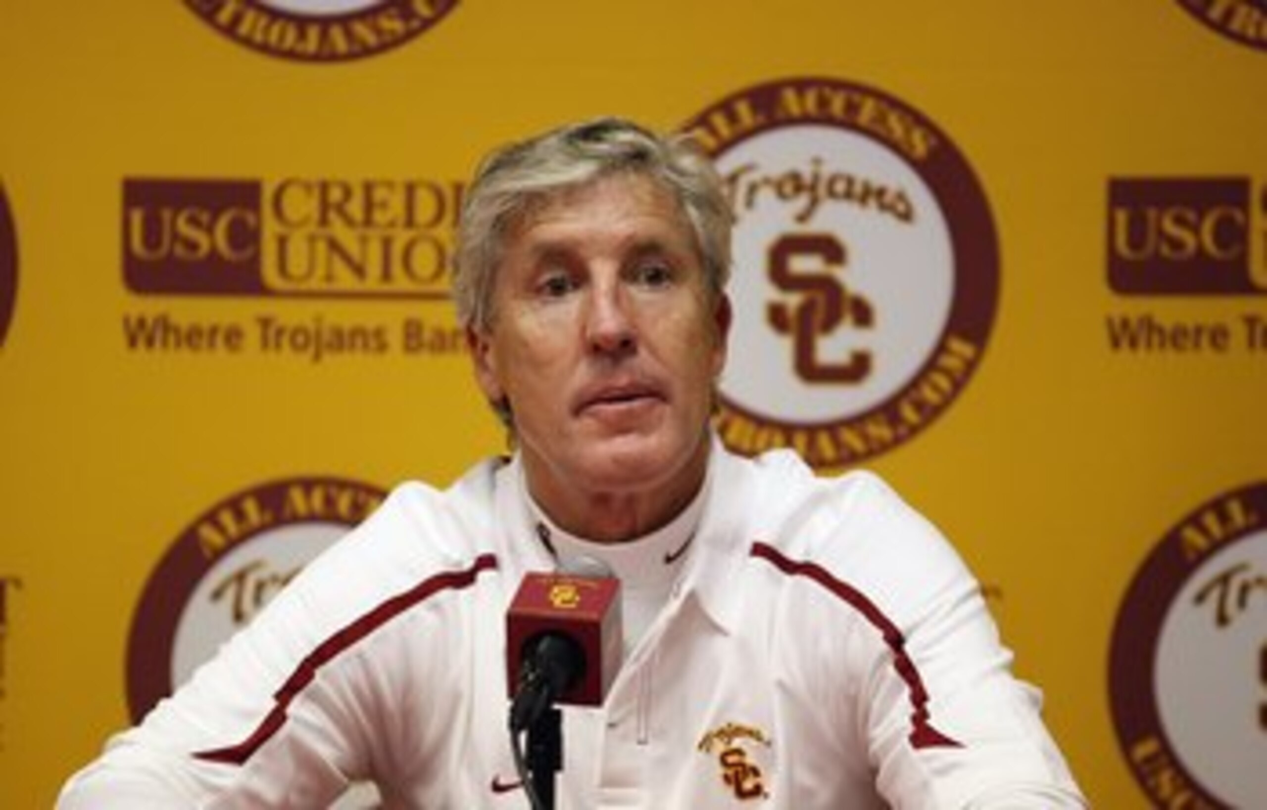 LOS ANGELES, CA - OCTOBER 24:  Head coach Pete Carroll of the USC Trojans listens to a question from a member of the media at a post game press conference following the game against the UCLA Bruins on November 28, 2009 at the Los Angeles Coliseum in Los A