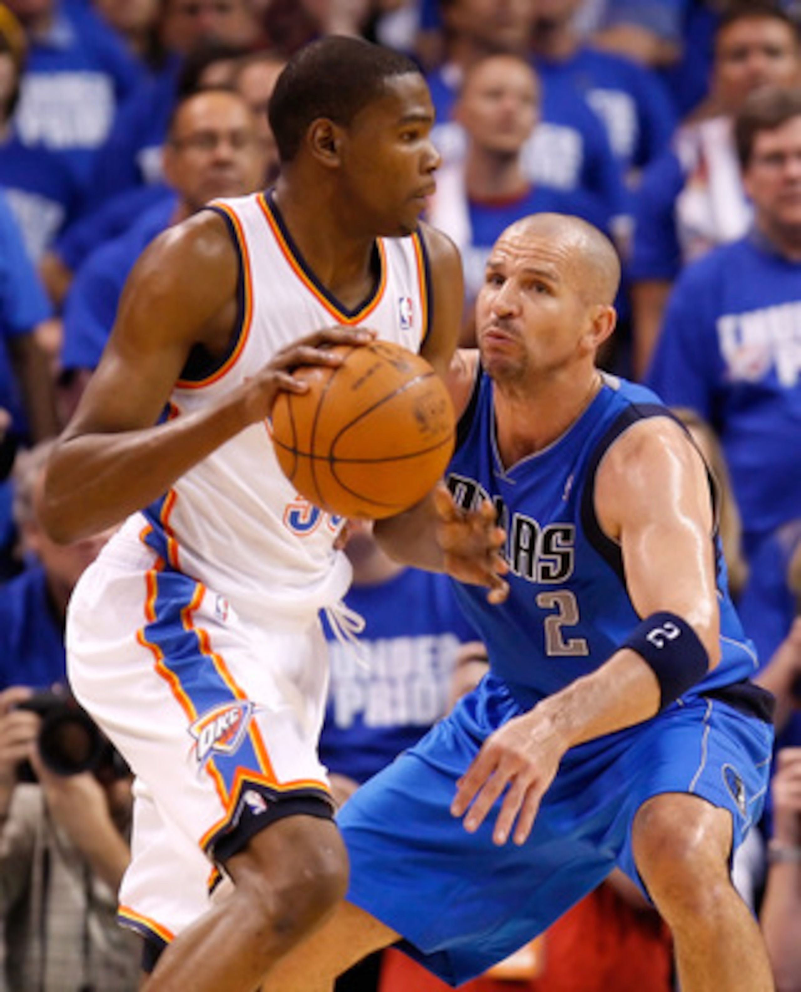OKLAHOMA CITY, OK - MAY 21:  Kevin Durant #35 of the Oklahoma City Thunder moves the ball against Jason Kidd #2 of the Dallas Mavericks in Game Three of the Western Conference Finals during the 2011 NBA Playoffs at Oklahoma City Arena on May 21, 2011 in O
