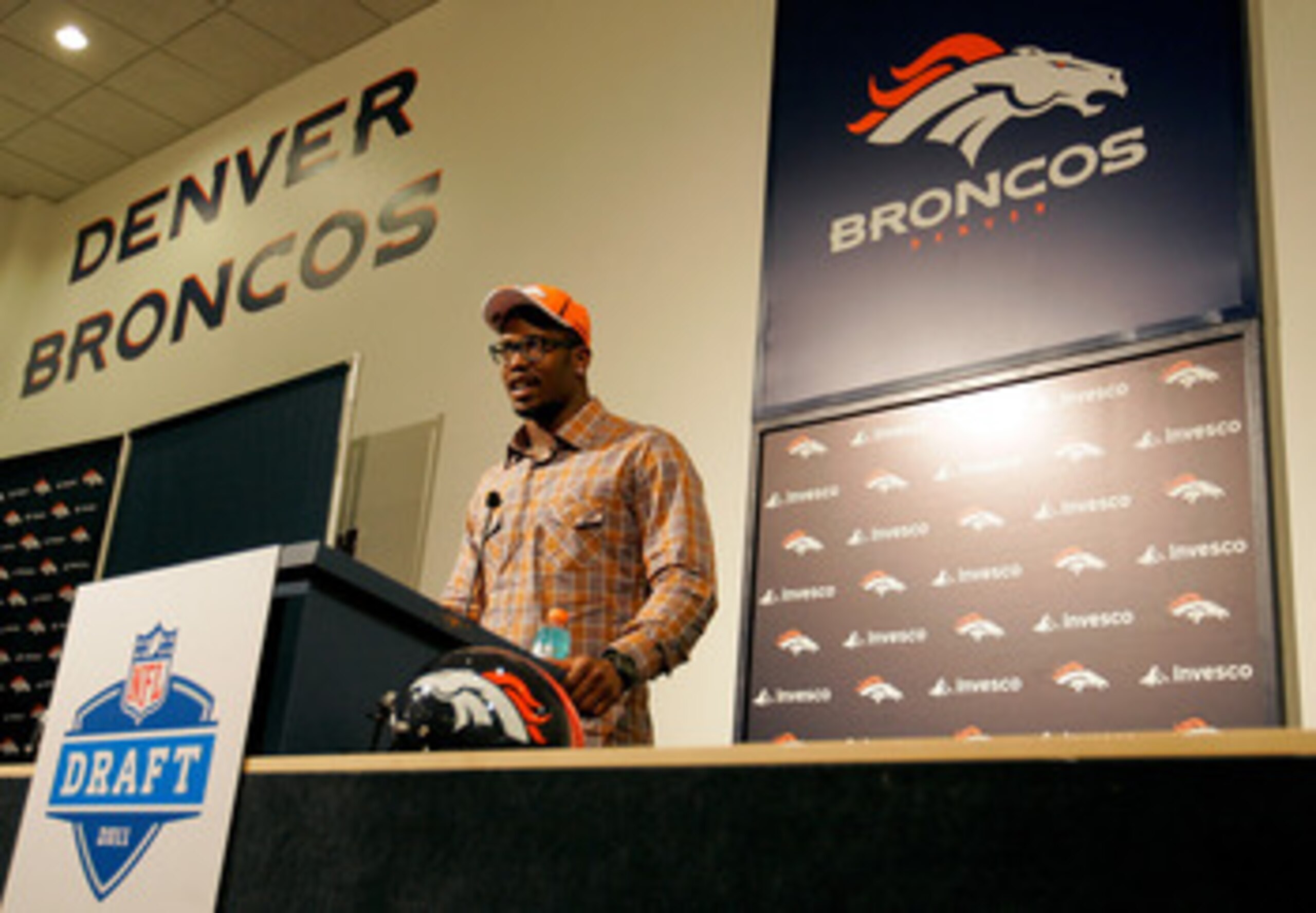 ENGLEWOOD, CO - APRIL 29:  Von Miller of the Denver Broncos speaks to the media at Dove Valley on April 29, 2011 in Englewood, Colorado. Miller, a projected outside linebacker in head coach John Fox's new 4-3 scheme, was selected second overall from Texas
