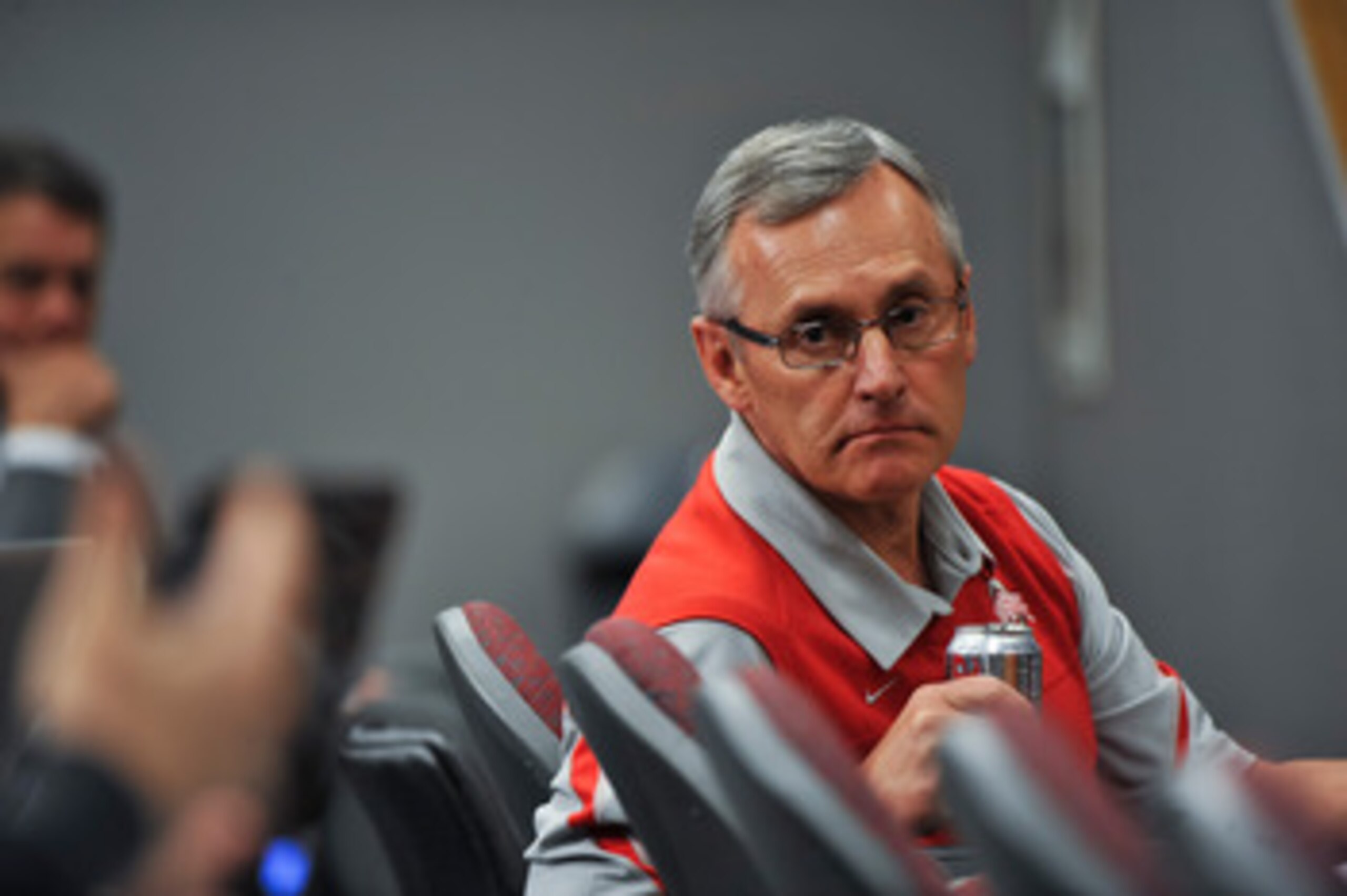 COLUMBUS, OH - MARCH 30:  Head Coach Jim Tressel listens to a member of the media during a press conference before the start of Spring practices at the Woody Hayes Athletic Center at The Ohio State University on March 30, 2011 in Columbus, Ohio. (Photo by