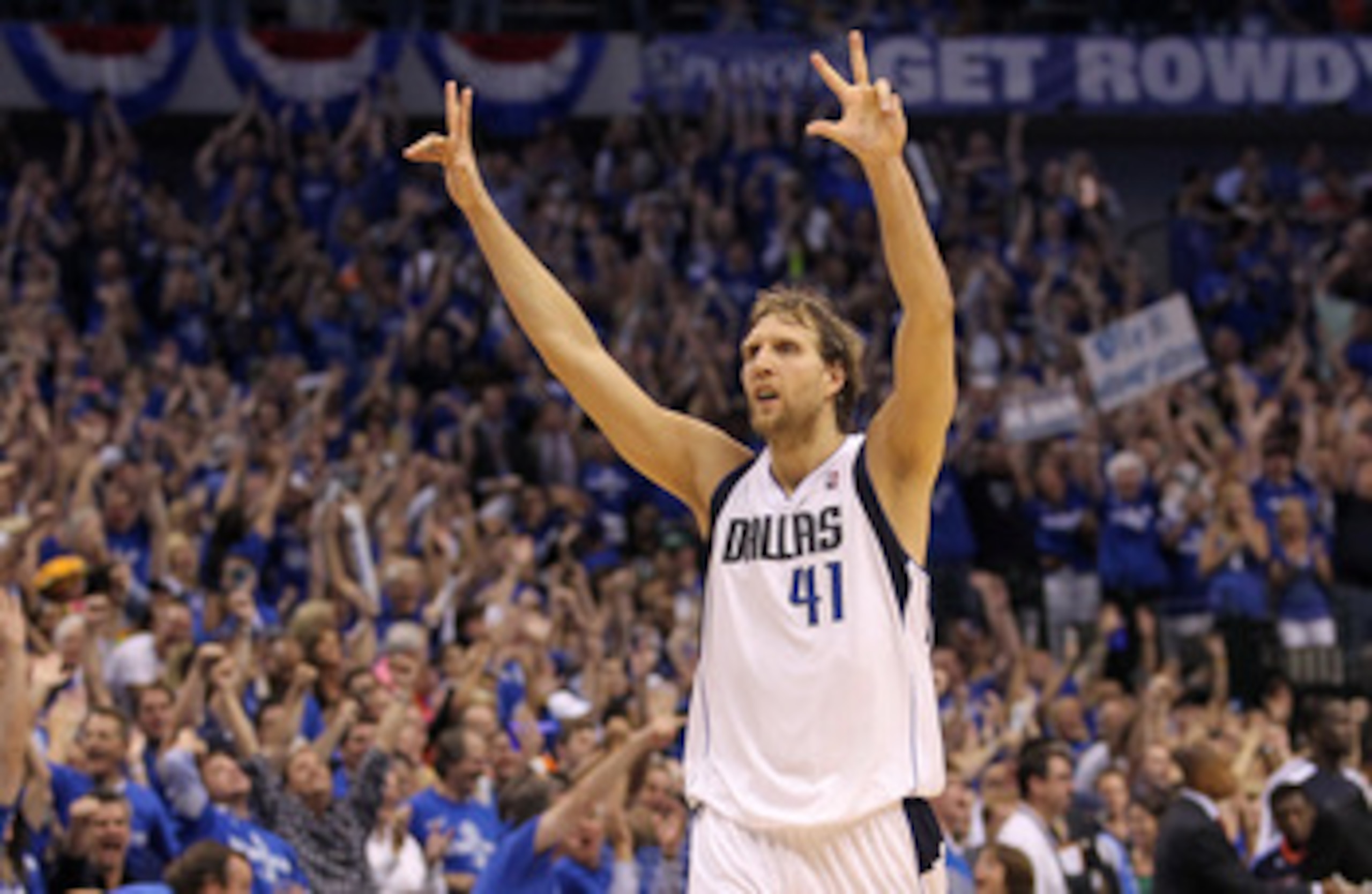 DALLAS, TX - MAY 25:  Dirk Nowitzki #41 of the Dallas Mavericks reacts after making a three-pointer in the fourth quarter while taking on the Oklahoma City Thunder in Game Five of the Western Conference Finals during the 2011 NBA Playoffs at American Airl