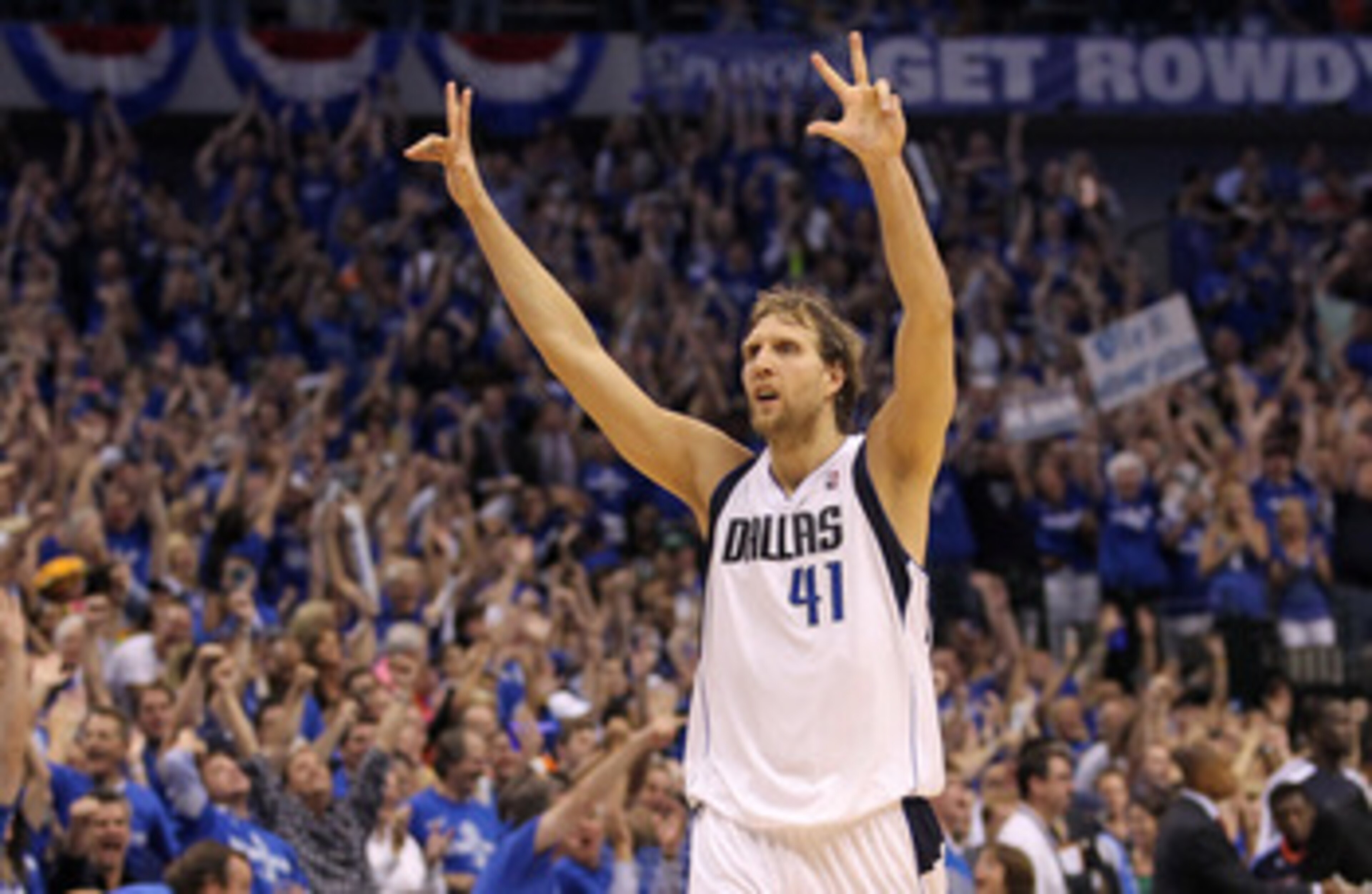 DALLAS, TX - MAY 25:  Dirk Nowitzki #41 of the Dallas Mavericks reacts after making a three-pointer in the fourth quarter while taking on the Oklahoma City Thunder in Game Five of the Western Conference Finals during the 2011 NBA Playoffs at American Airl