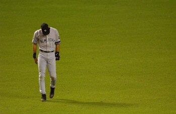 4 Nov 2001:  Derek Jeter #2 of the New York Yankees appears dejected against the Arizona Diamondbacks during game seven of the Major League Baseball World Series at Bank One Ballpark in Phoenix, Arizona. The Diamondbacks won 3-2 to capture the World Serie