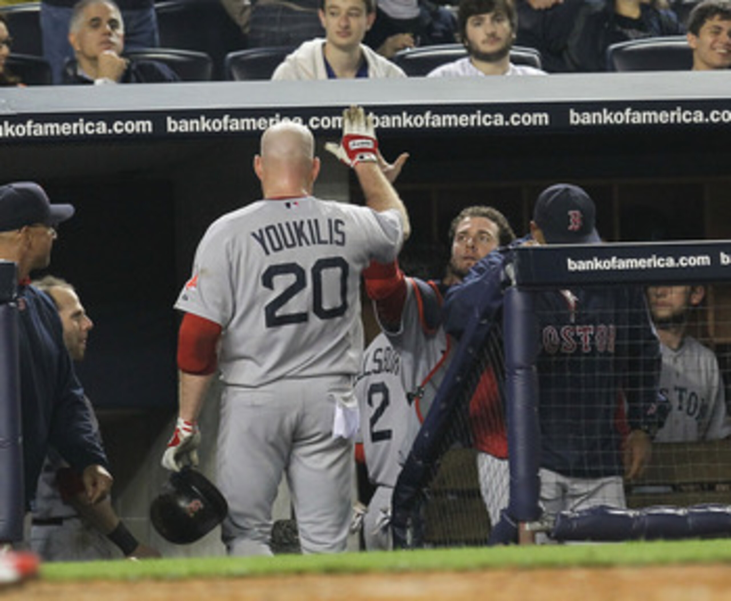NEW YORK, NY - MAY 15:  Kevin Youkilis #20 of the Boston Red Sox celebrates his home run in the third inning against the New York Yankees during their game on May 15, 2011 at Yankee Stadium in the Bronx borough of New York City.  (Photo by Al Bello/Getty 