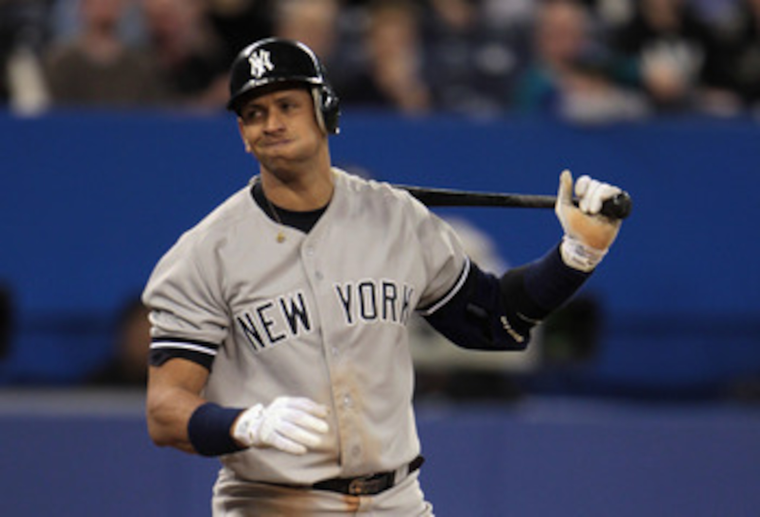 TORONTO, ON - APRIL 20:  Alex Rodriguez #13 of the New York Yankees reacts to striking out in the seventh inning during their game against the Toronto Blue Jays at Rogers Centre on April 20, 2011 in Toronto, Canada.  (Photo by Scott Halleran/Getty Images)