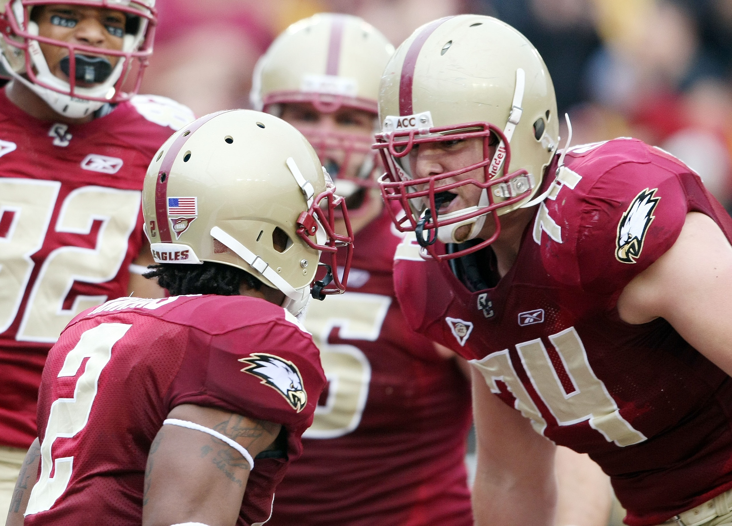 CHESTNUT HILL, MA - OCTOBER 03:  Anthony Castonzo #74 of the Boston College Eagles congratulates teammate Montel Harris #2 after Harris scored a touchdown in the first quarter against the Florida State Seminoles on October 3, 2009 at Alumni Stadium in Che