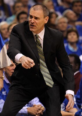 DALLAS, TX - MAY 25:  Head coach Rick Carlisle of the Dallas Mavericks reacts in the first half while taking on the Oklahoma City Thunder in Game Five of the Western Conference Finals during the 2011 NBA Playoffs at American Airlines Center on May 25, 201