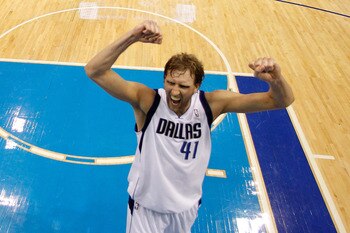 DALLAS, TX - MAY 25:  Dirk Nowitzki #41 of the Dallas Mavericks reacts late in the fourth quarter before the Mavericks defeat the Oklahoma City Thunder 100-96 in Game Five of the Western Conference Finals during the 2011 NBA Playoffs at American Airlines 