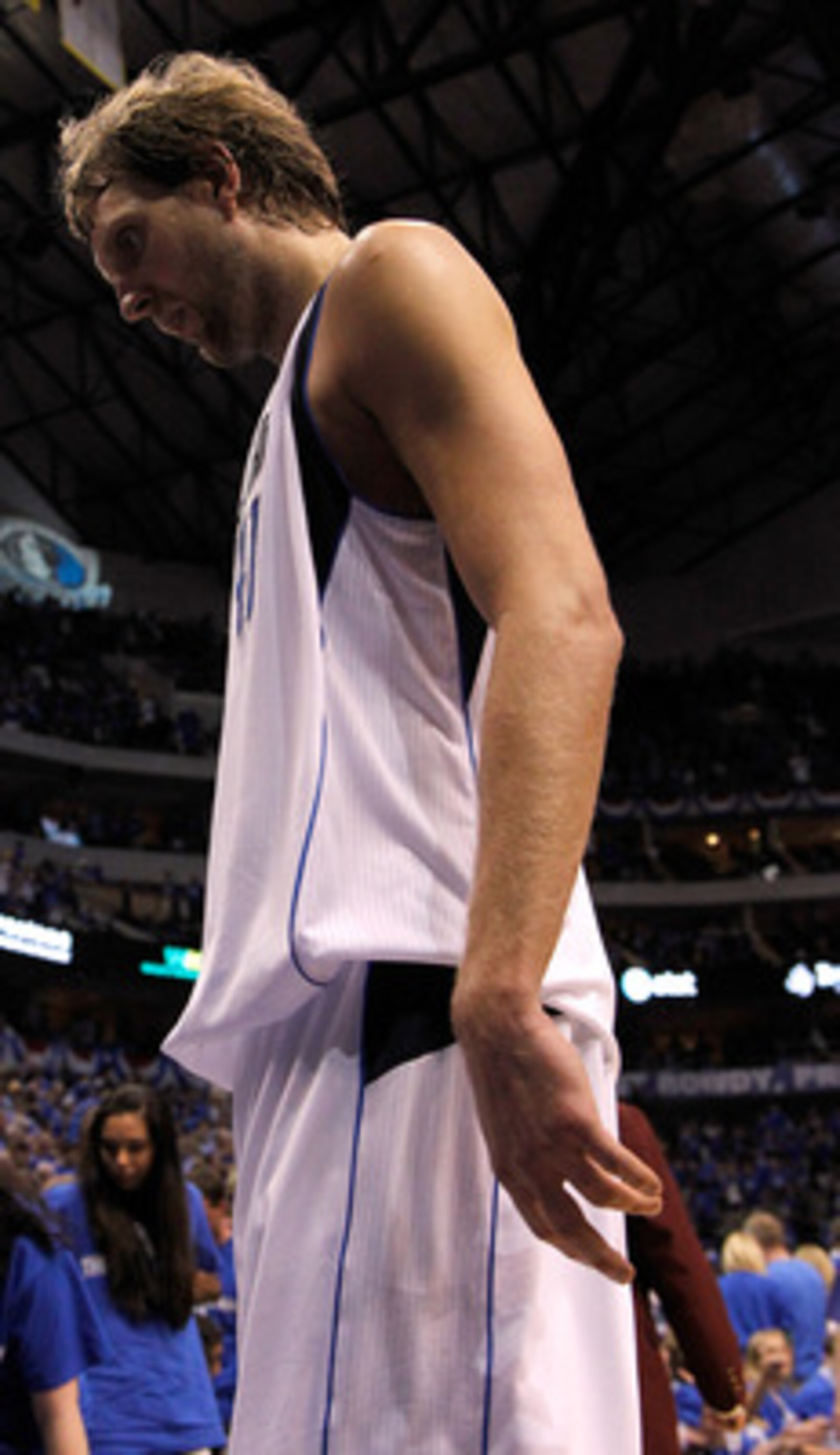 DALLAS, TX - MAY 19:  Dirk Nowitzki #41 of the Dallas Mavericks walks off the court after the Oklahoma City Thunder defeat the Mavericks 106-100 in Game Two of the Western Conference Finals during the 2011 NBA Playoffs at American Airlines Center on May 1