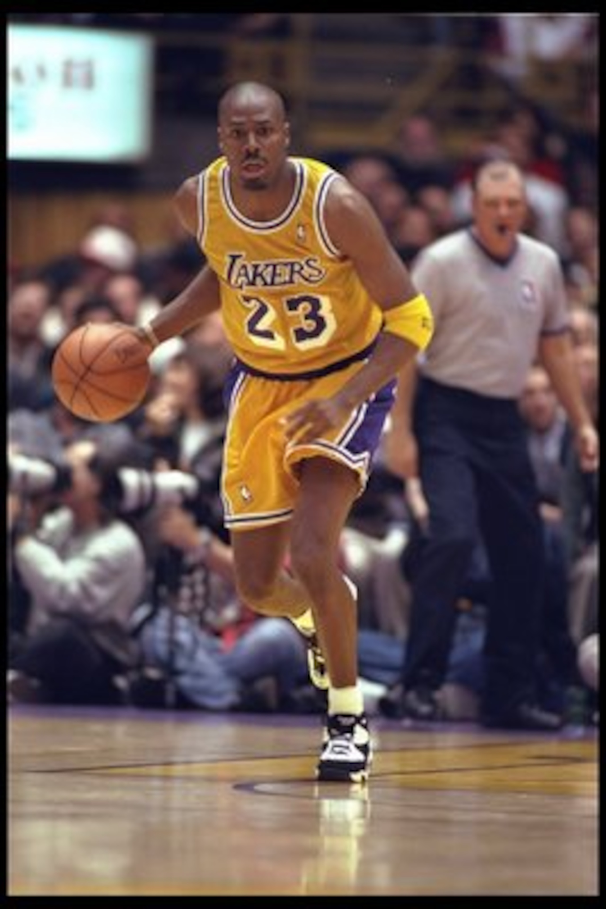 30 Jan 1996:  Forward Cedric Ceballos of the Los Angeles Lakers moves the ball during the Lakers 128-118 win over the Golden State Warriors at the Great Western Forum in Inglewood, California.  Mandatory Credit: Allsport USA  /Allsport