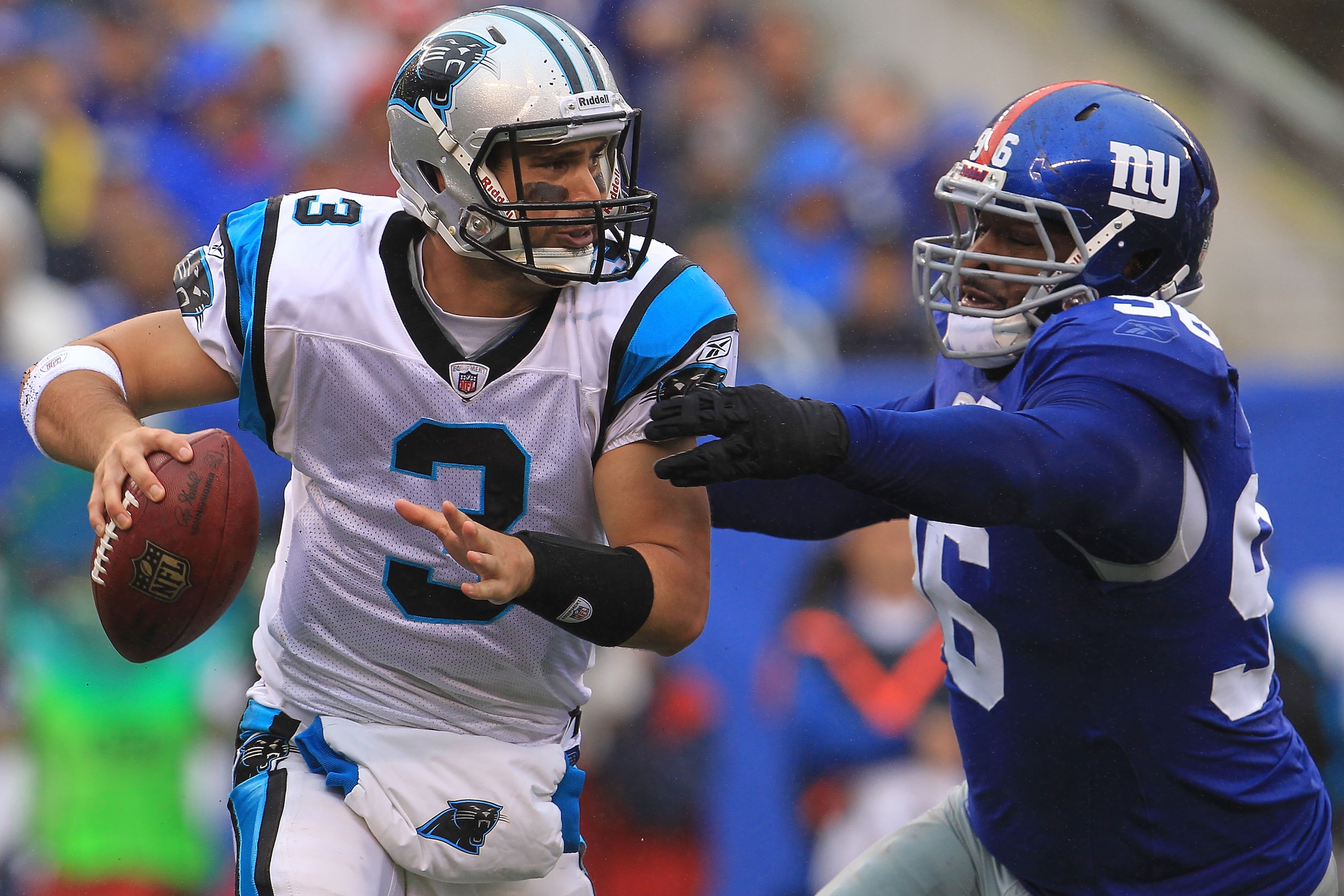 EAST RUTHERFORD, NJ - SEPTEMBER 12: Matt Moore #3 of the Carolina Panthers is sacked by Barry Cofield #96 of the New York Giants during the NFL season opener at New Meadowlands Stadium on September 12, 2010 in East Rutherford, New Jersey. (Photo by Chri EAST RUTHERFORD, NJ - SEPTEMBER 12: Matt Moore #3 of the Carolina Panthers is sacked by Barry Cofield #96 of the New York Giants during the NFL season opener at New Meadowlands Stadium on September 12, 2010 in East Rutherford, New Jersey. (Photo by Chri
