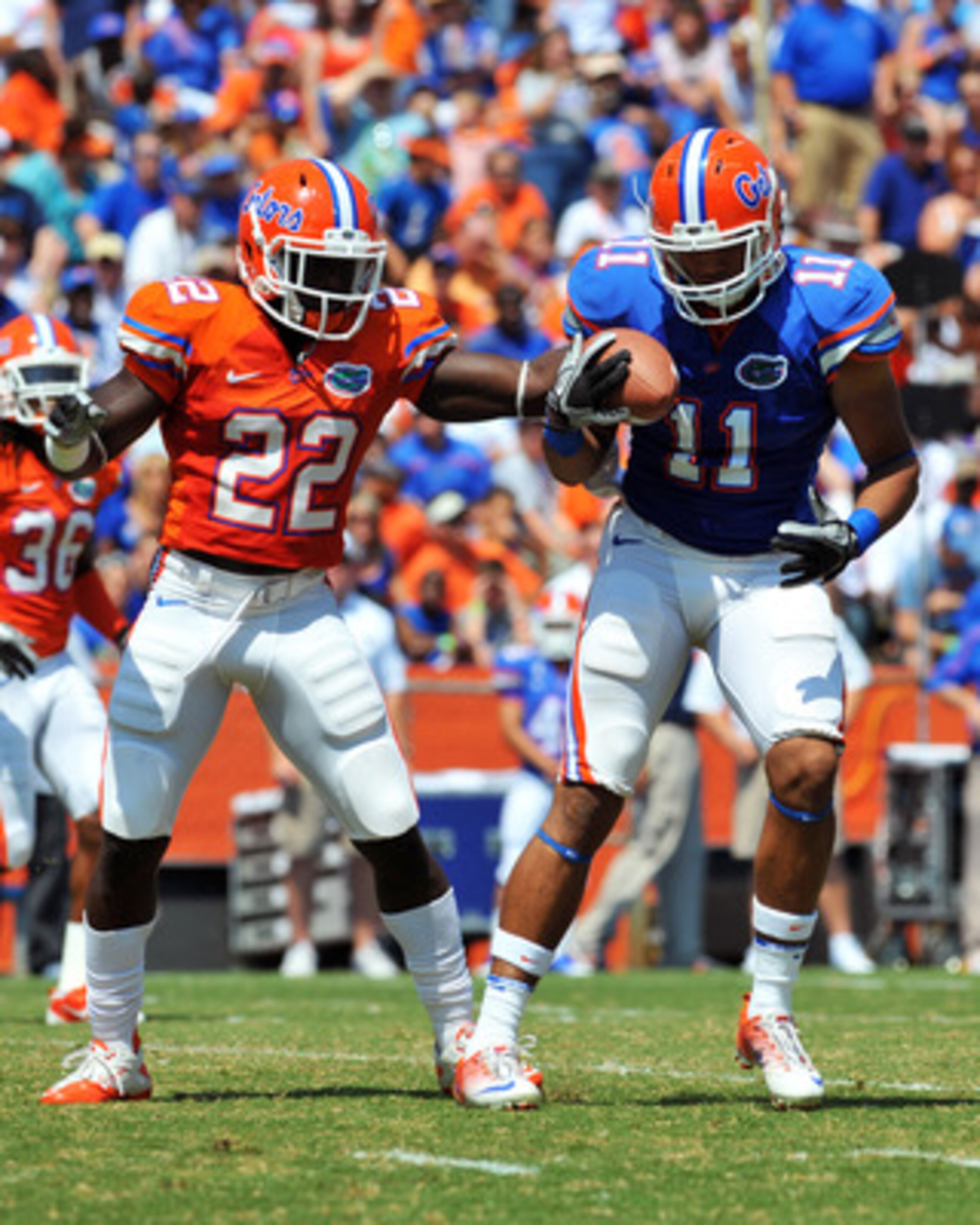 GAINESVILLE, FL - APRIL 9: Tight end Jordan Reed #11 of the Florida Gators grabs a ball in front of safety Matt Elam #22 during the Orange and Blue spring football game April 9, 2010 Ben Hill Griffin Stadium in Gainesville, Florida. (Photo by Al Messers GAINESVILLE, FL - APRIL 9: Tight end Jordan Reed #11 of the Florida Gators grabs a ball in front of safety Matt Elam #22 during the Orange and Blue spring football game April 9, 2010 Ben Hill Griffin Stadium in Gainesville, Florida. (Photo by Al Messers