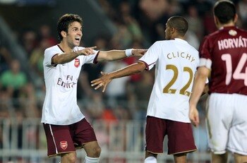 PRAGUE, CZECH REPUBLIC - AUGUST 15:  Cesc Fabregas of Arsenal celabrates his goal with Gael Clichy against Sparta Prague during the Champions League 3rd qualifying round 1st leg  between Sparta Prague and Arsenal at the Sparta Stadium on August 15, 2007 i