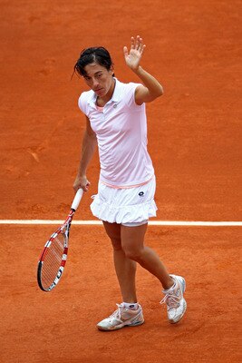 PARIS, FRANCE - MAY 27:   Francesca Schiavone of Italy waves to the fans after Shuai Peng of China withdrew from the match due to medical reasons during the women's singles round three match between Shuai Peng of China and Francesca Schiavone of Italy on 
