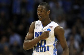 CHARLOTTE, NC - MARCH 20:  Harrison Barnes #40 of the North Carolina Tar Heels reacts in the second half while taking on the Washington Huskies during the third round of the 2011 NCAA men's basketball tournament at Time Warner Cable Arena on March 20, 201