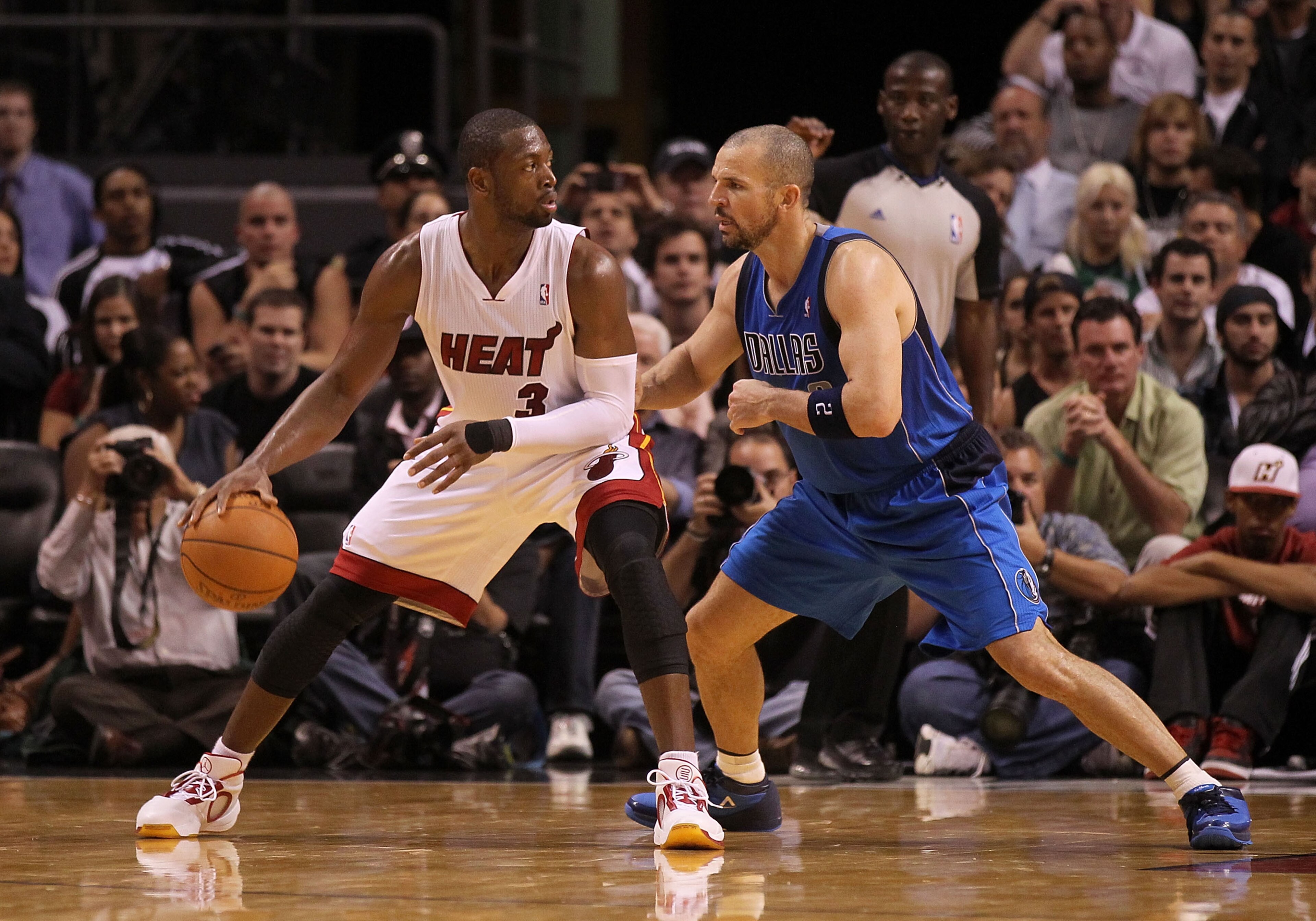 MIAMI, FL - DECEMBER 20: Dwyane Wade #3 of the Miami Heat posts up Jason Kidd #2 of the Dallas Mavericks during a game at American Airlines Arena on December 20, 2010 in Miami, Florida. NOTE TO USER: User expressly acknowledges and agrees that, by downlo MIAMI, FL - DECEMBER 20: Dwyane Wade #3 of the Miami Heat posts up Jason Kidd #2 of the Dallas Mavericks during a game at American Airlines Arena on December 20, 2010 in Miami, Florida. NOTE TO USER: User expressly acknowledges and agrees that, by downlo
