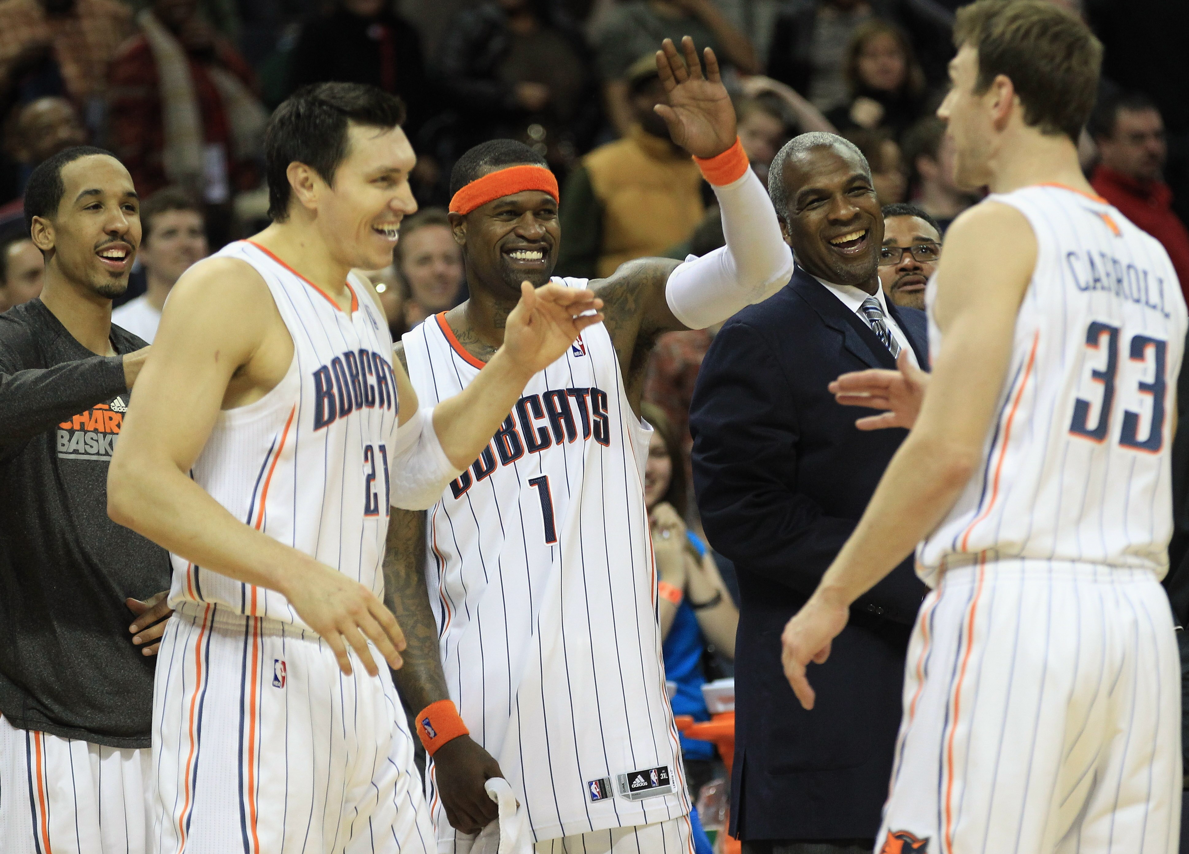 CHARLOTTE, NC - FEBRUARY 25:  Stephen Jackson #1 of the Charlotte Bobcats celebrates with teammates during their game against the Sacramento Kings at Time Warner Cable Arena on February 25, 2011 in Charlotte, North Carolina. NOTE TO USER: User expressly a