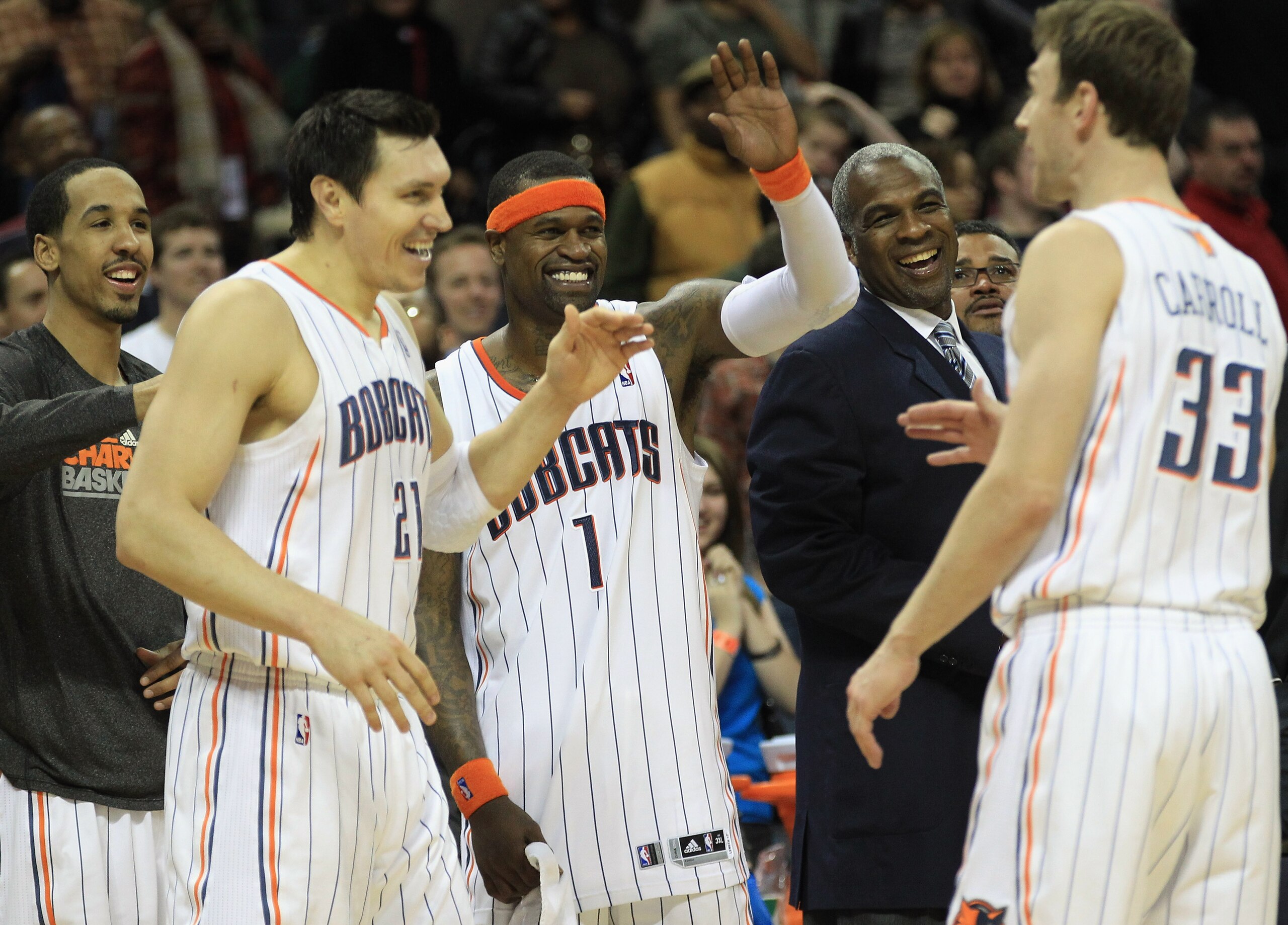 CHARLOTTE, NC - FEBRUARY 25:  Stephen Jackson #1 of the Charlotte Bobcats celebrates with teammates during their game against the Sacramento Kings at Time Warner Cable Arena on February 25, 2011 in Charlotte, North Carolina. NOTE TO USER: User expressly a