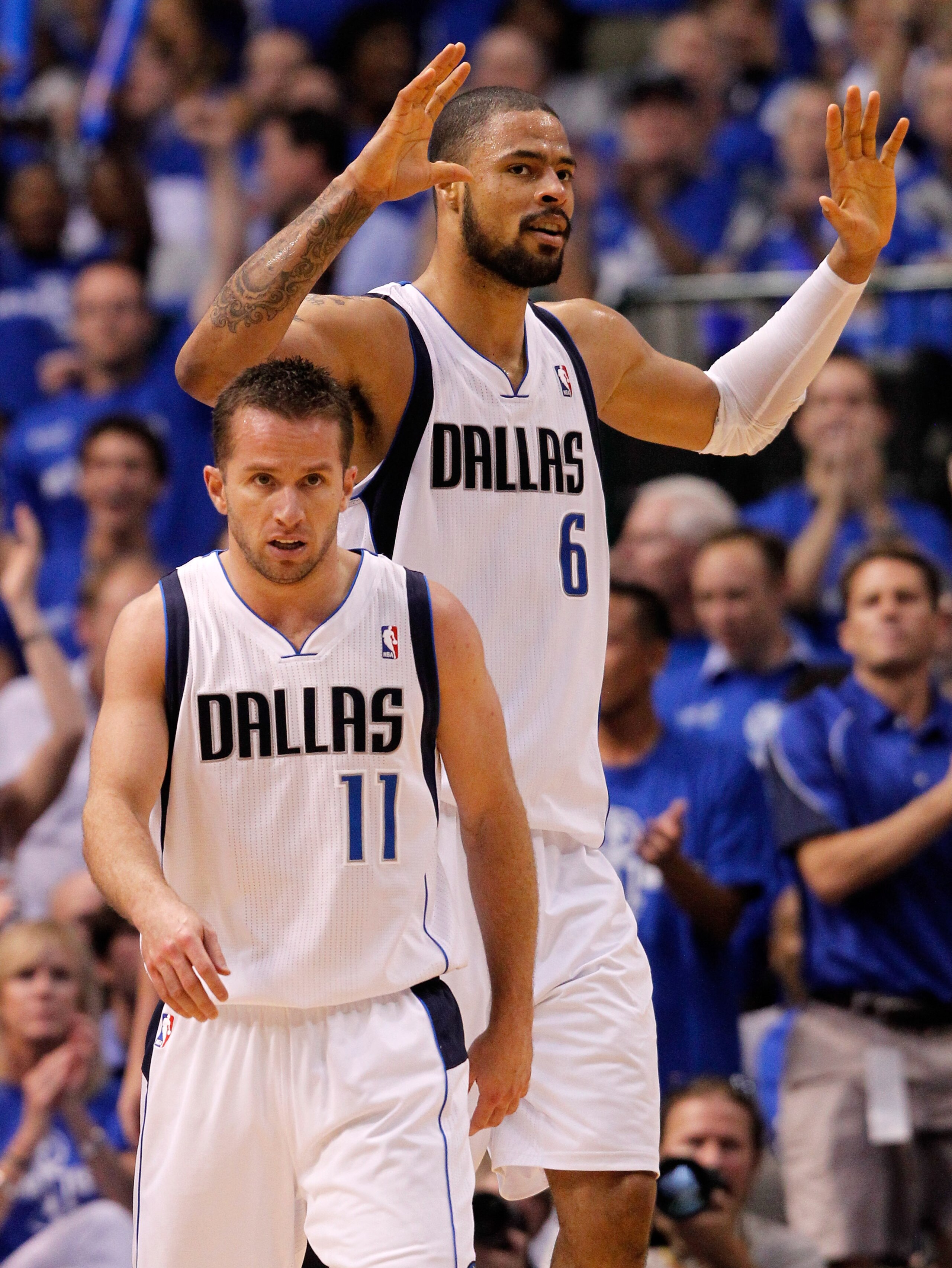 DALLAS, TX - MAY 25:  Tyson Chandler #6 of the Dallas Mavericks reacts behind Jose Juan Barea #11 of the Dallas Mavericks in the second quarter while taking on the Oklahoma City Thunder in Game Five of the Western Conference Finals during the 2011 NBA Pla