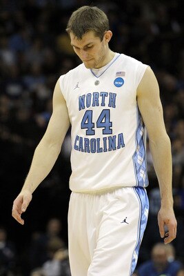 NEWARK, NJ - MARCH 27:  Tyler Zeller #44 of the North Carolina Tar Heels walks on court during the first half of the game against the Kentucky Wildcats in the east regional final of the 2011 NCAA men's basketball tournament at Prudential Center on March 2