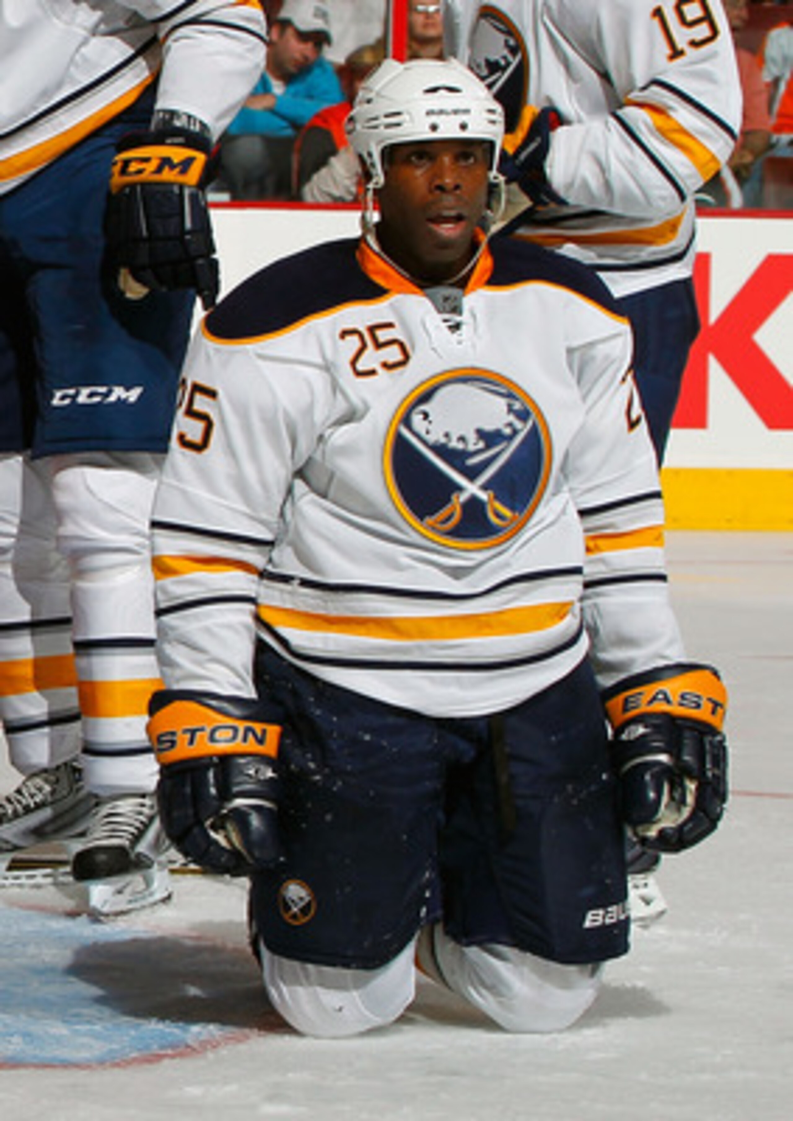 PHILADELPHIA, PA - APRIL 16: Mike Grier #25 of the Buffalo Sabres looks up to an official asking for a penalty that was not called against the Philadelphia Flyers in Game Two of the Eastern Conference Quarterfinals during the 2011 NHL Stanley Cup Playoff PHILADELPHIA, PA - APRIL 16: Mike Grier #25 of the Buffalo Sabres looks up to an official asking for a penalty that was not called against the Philadelphia Flyers in Game Two of the Eastern Conference Quarterfinals during the 2011 NHL Stanley Cup Playoff