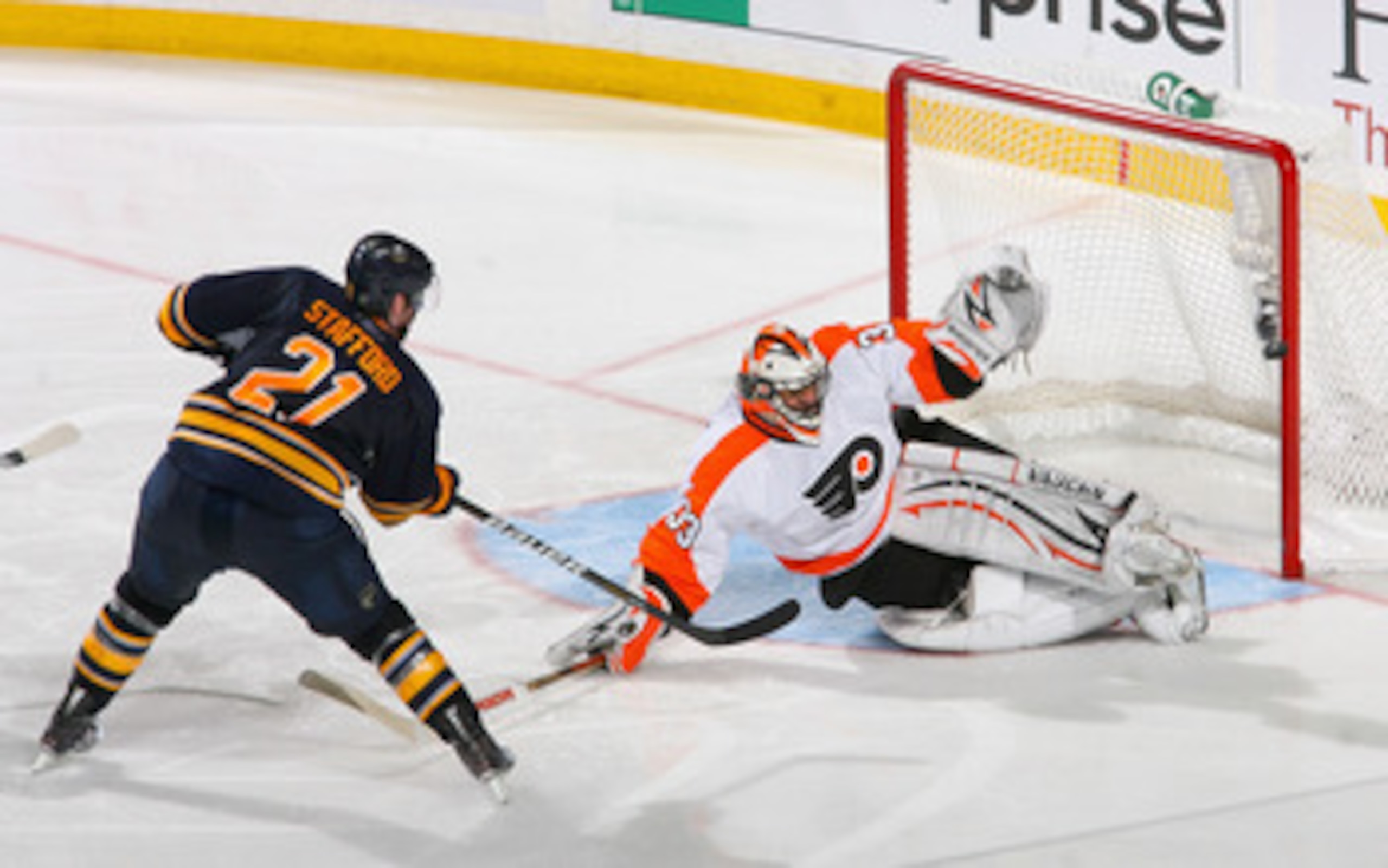 BUFFALO, NY - APRIL 24: Brian Boucher #33 of the Philadelphia Flyers stops Drew Stafford #21 of the Buffalo Sabres in the third period in Game Six of the Eastern Conference Quarterfinals during the 2011 NHL Stanley Cup Playoffs at HSBC Arena at HSBC Aren BUFFALO, NY - APRIL 24: Brian Boucher #33 of the Philadelphia Flyers stops Drew Stafford #21 of the Buffalo Sabres in the third period in Game Six of the Eastern Conference Quarterfinals during the 2011 NHL Stanley Cup Playoffs at HSBC Arena at HSBC Aren