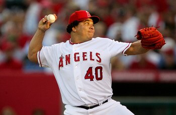 ANAHEIM, CA - OCTOBER 10:  Bartolo Colon #40 of the Los Angeles Angels of Anaheim pitches to the New York Yankees in the first inning of Game Five of the American League Division Series on October 10, 2005 at Angel Stadium in Anaheim, California.  The Ang