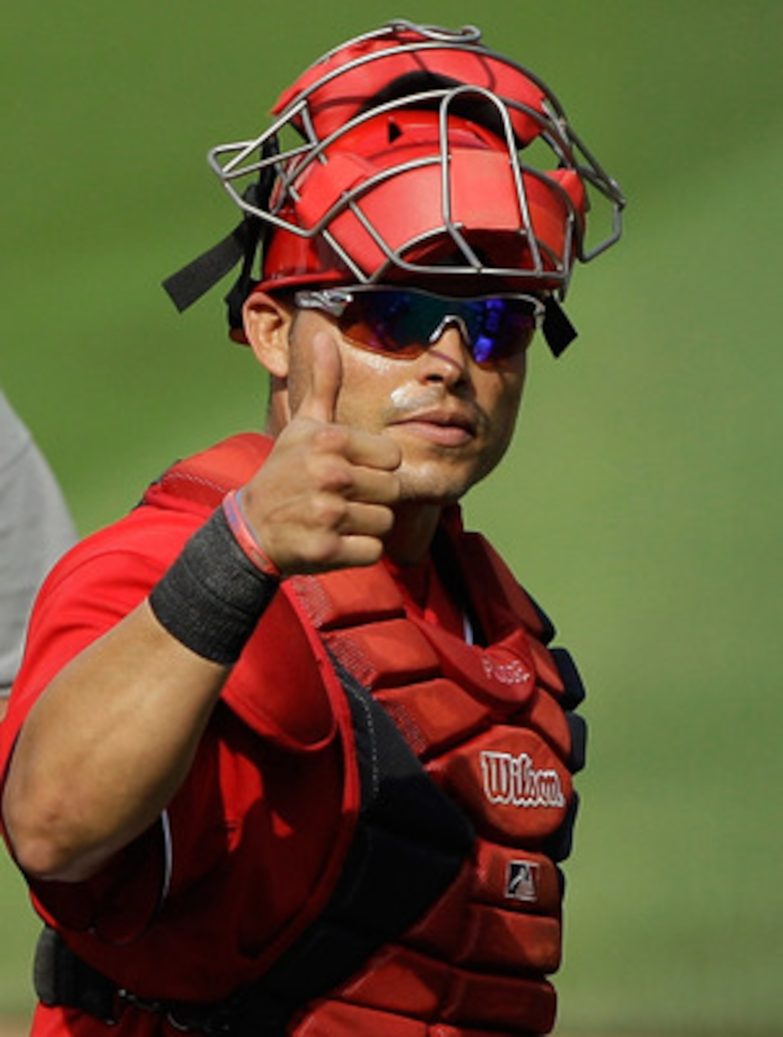 WASHINGTON, DC - MAY 15: Catcher Ivan Rodriguez #7 of the Washington Nationals gives the thumbs up to the crowd after the Nationals defeated the Florida Marlins 8-4  at Nationals Park on May 15, 2011 in Washington, DC.  (Photo by Rob Carr/Getty Images)
