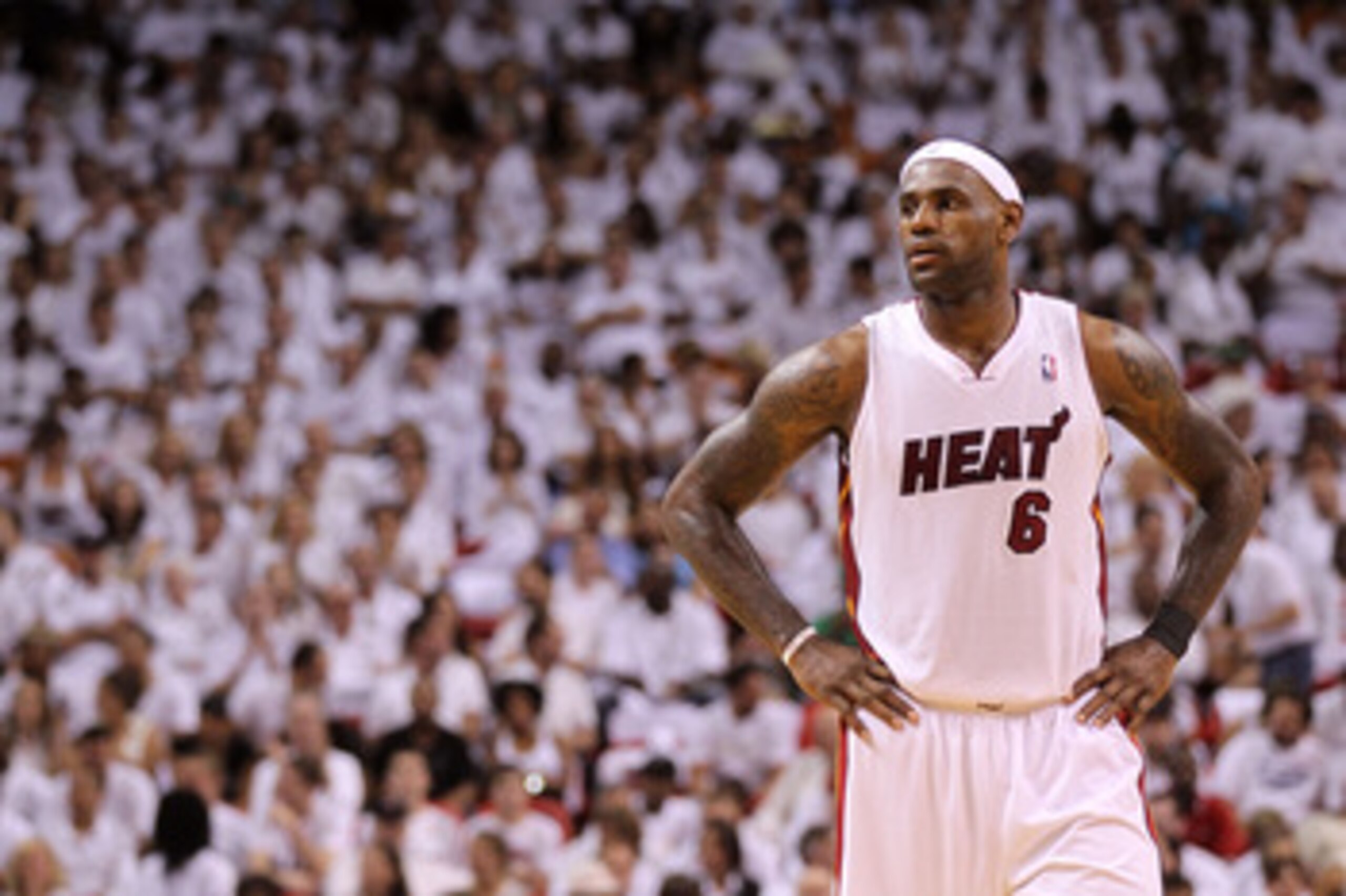 MIAMI, FL - MAY 22:  LeBron James #6 of the Miami Heat looks on against the Chicago Bulls in Game Three of the Eastern Conference Finals during the 2011 NBA Playoffs on May 22, 2011 at American Airlines Arena in Miami, Florida.  NOTE TO USER: User express