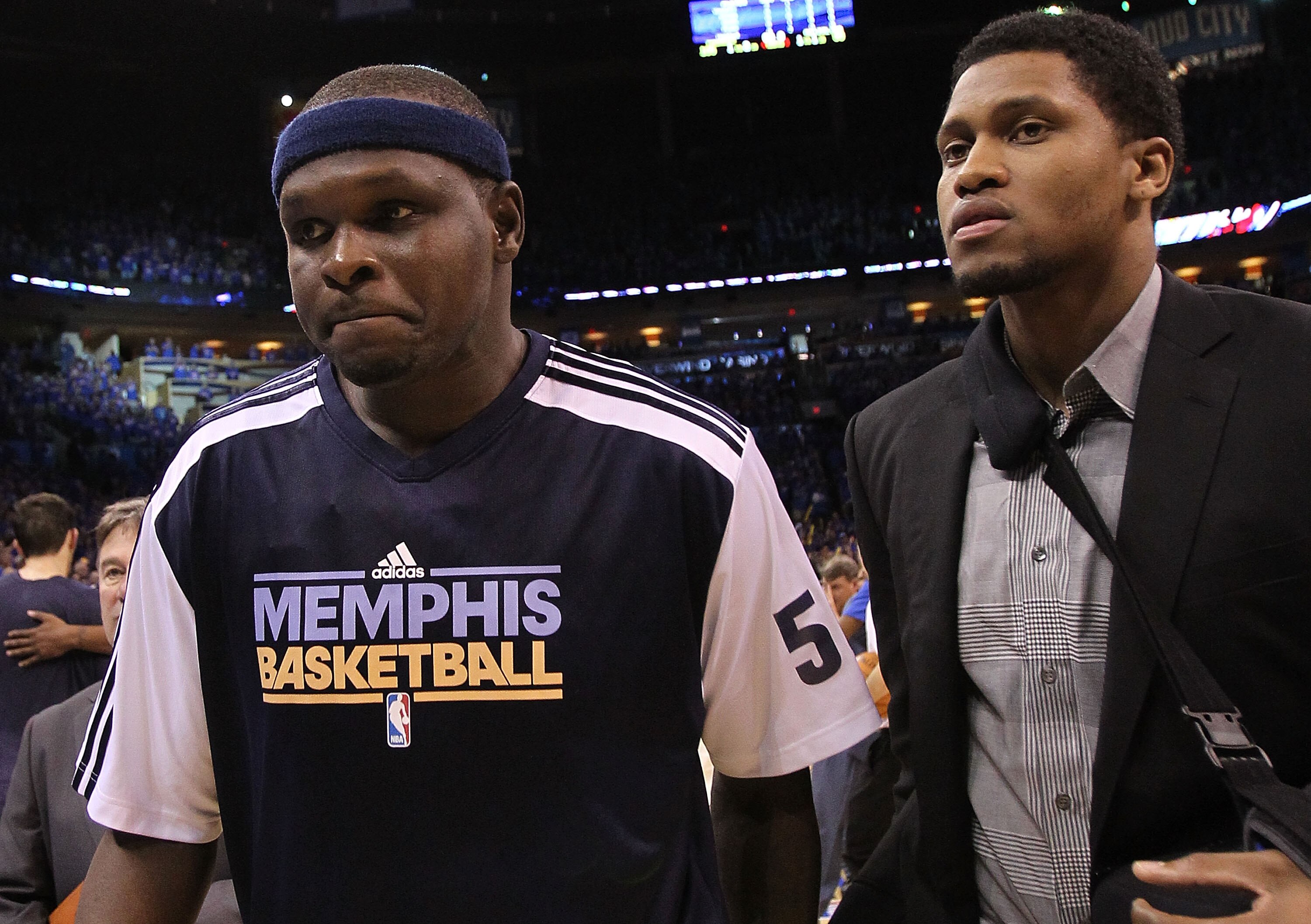 OKLAHOMA CITY, OK - MAY 15:  (L-R) Forward Zach Randolph #50 and Rudy Gay walk off the court after a 90-105 loss against the Oklahoma City Thunder in Game Seven of the Western Conference Semifinals in the 2011 NBA Playoffs on May 15, 2011 at Oklahoma City