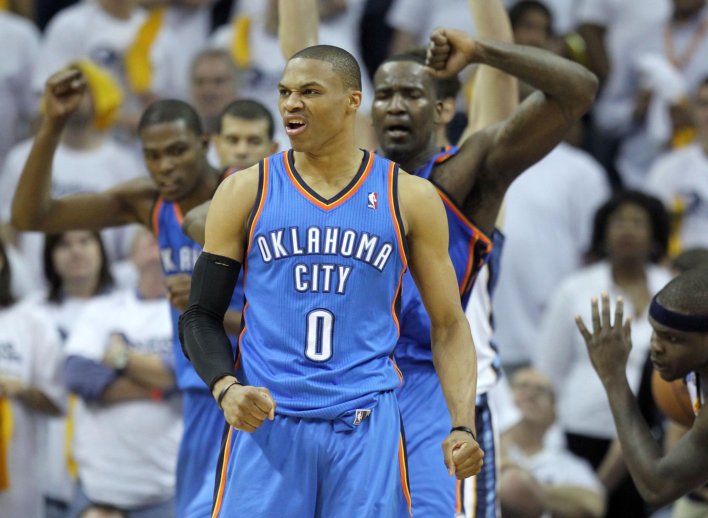 MEMPHIS, TN - MAY 09:  Russell Westbrook #0 of the Oklahoma City Thunder celebrates during the game against the Memphis Grizzlies in Game Four of the Western Conference Semifinals in the 2011 NBA Playoffs at FedExForum on May 9, 2011 in Memphis, Tennessee