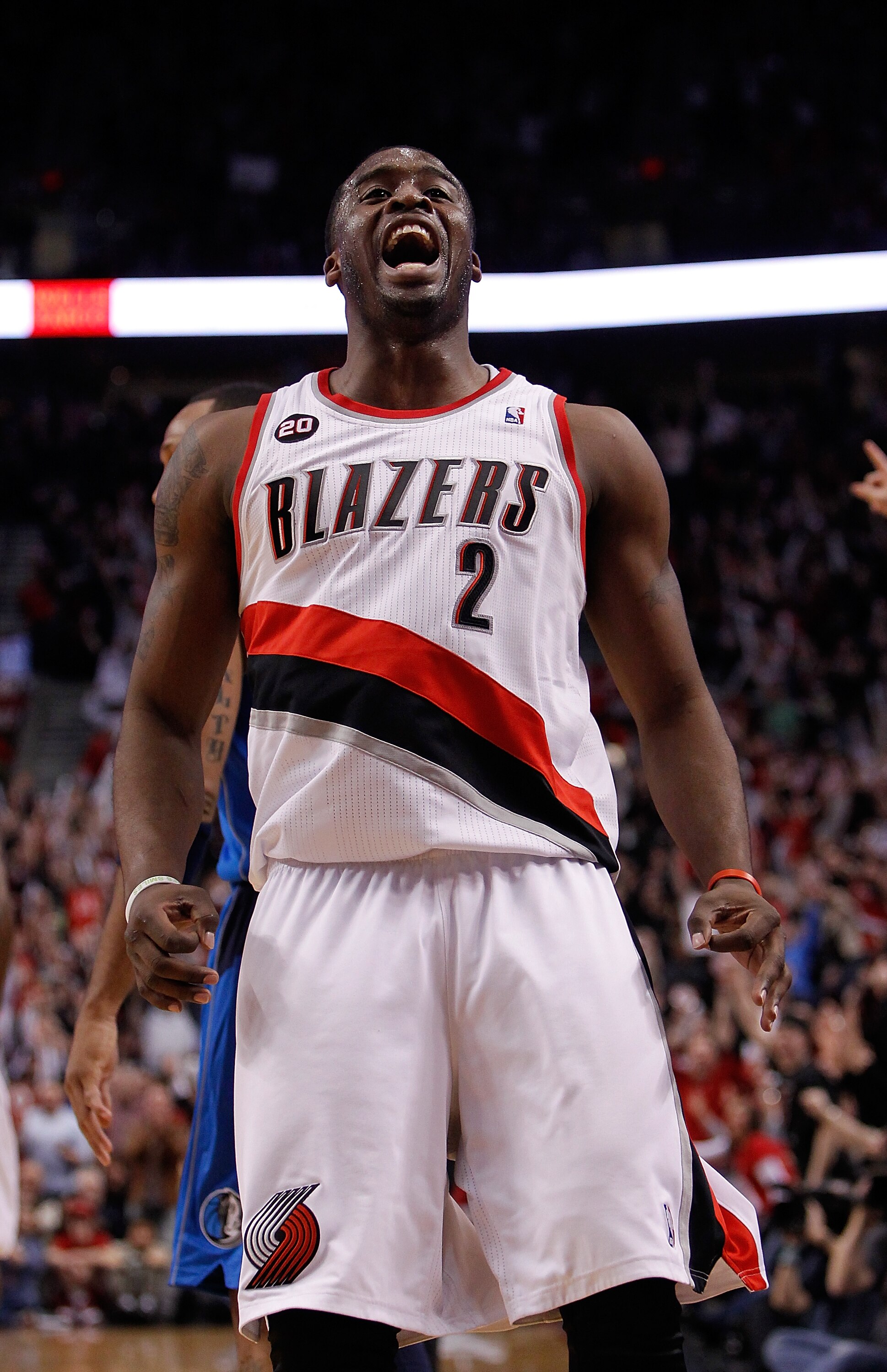 PORTLAND, OR - APRIL 21:  Wesley Matthews #2 of the Portland Trail Blazers celebrates a three point shot in the first quarter against the Dallas Mavericks in Game Three of the Western Conference Quarterfinals in the 2011 NBA Playoffs on April 21, 2011 at
