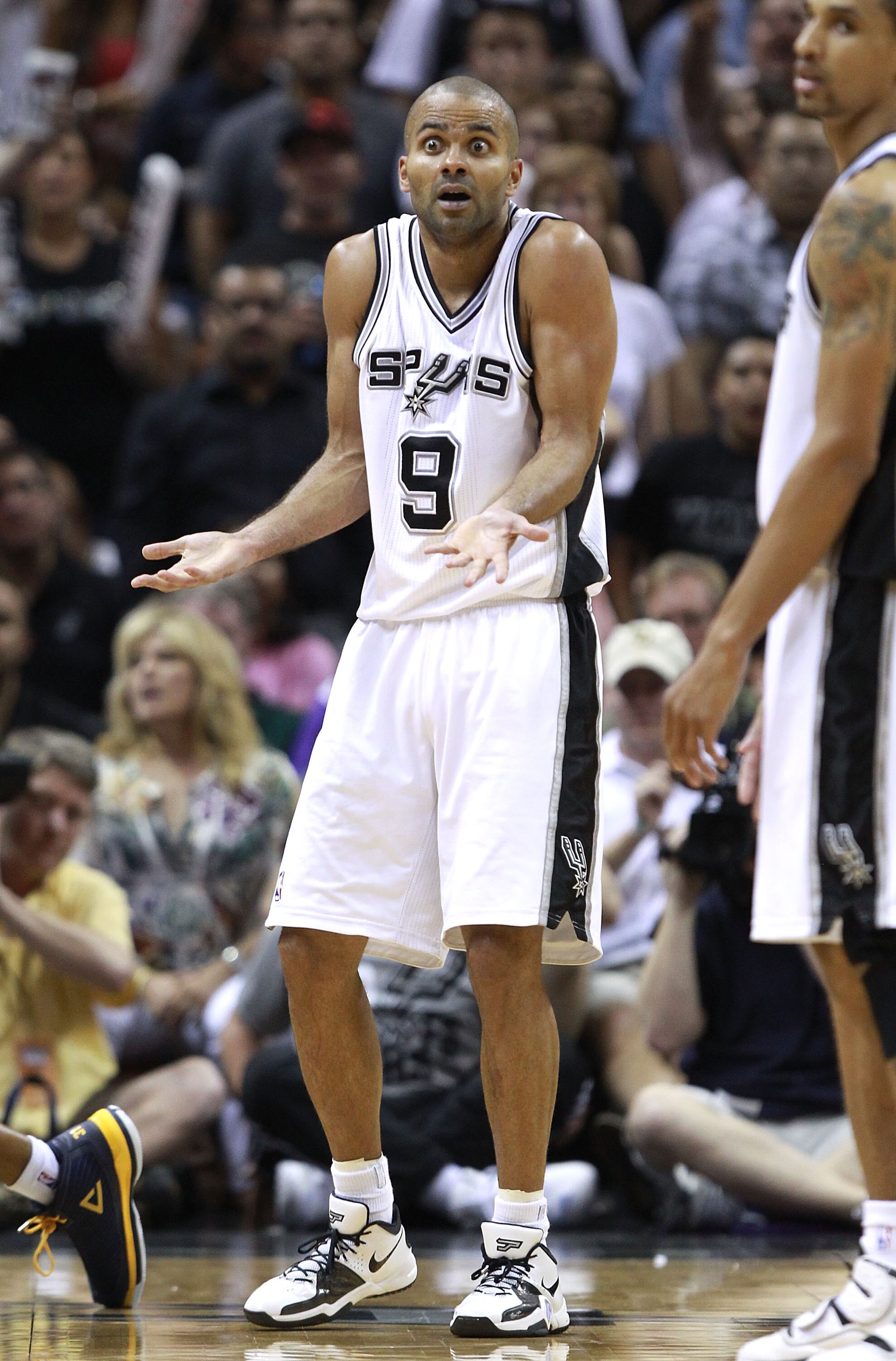 SAN ANTONIO, TX - APRIL 27:  Tony Parker #9 of the San Antionio Spurs reacts to a call during the game against the Memphis Grizzlies in Game Five of the Western Conference Quarterfinals in the 2011 NBA Playoffs on April 27, 2011 at AT&T Center in San Anto