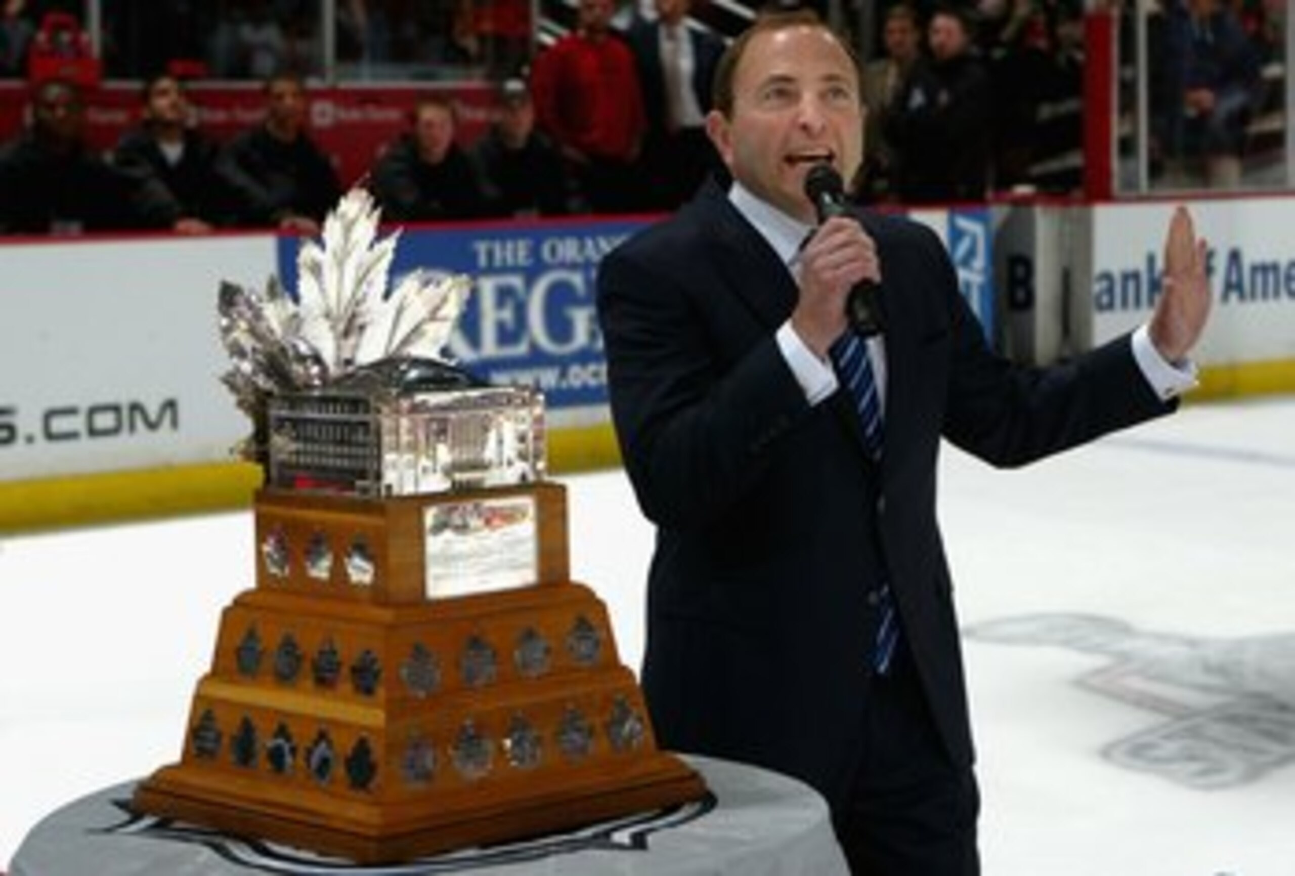 ANAHEIM, CA - JUNE 06:  NHL Commissioner Gary Bettman speaks to the crowd before presenting captain Scott Niedermayer #27 of the Anaheim Ducks Conn Smythe Trophy after the Ducks victory over the Ottawa Senators during Game Five of the Stanley Cup Finals o